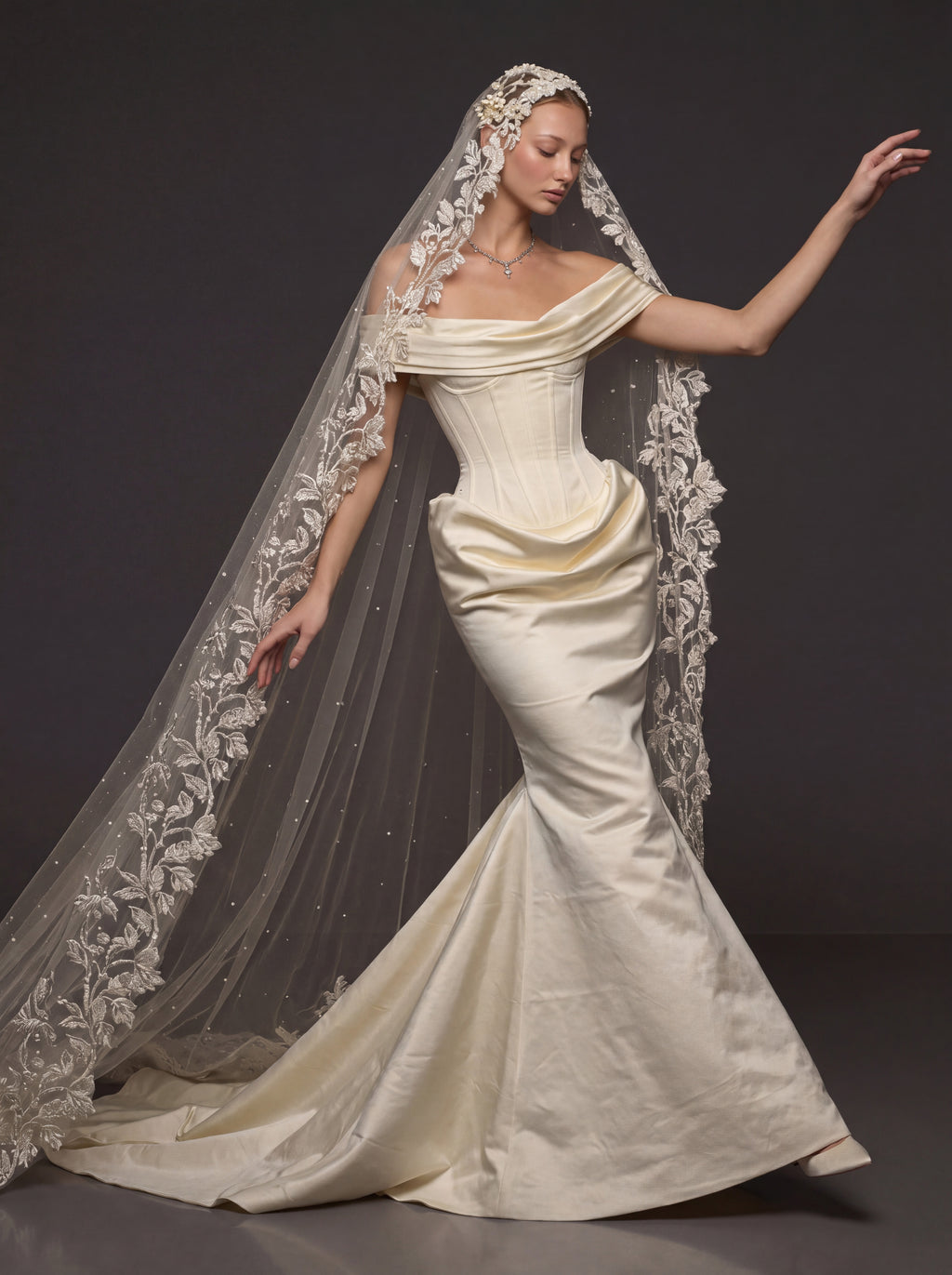 Champagne Ivory Sculpted Satin Mermaid Wedding Gown – Draped Off-Shoulder Neckline, Basque Waist Corset & Pearl Floral Cathedral Veil