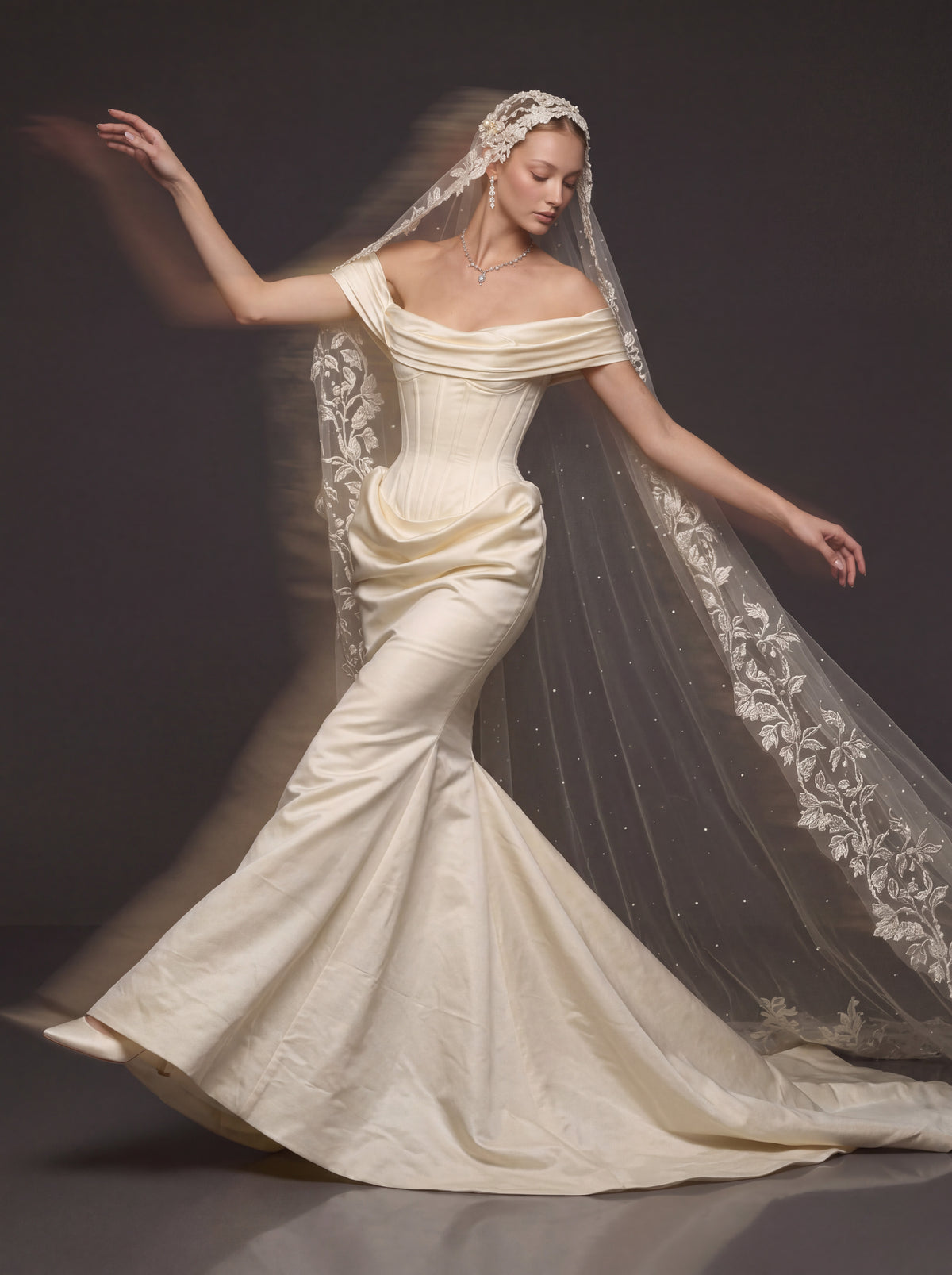 Champagne Ivory Sculpted Satin Mermaid Wedding Gown – Draped Off-Shoulder Neckline, Basque Waist Corset & Pearl Floral Cathedral Veil