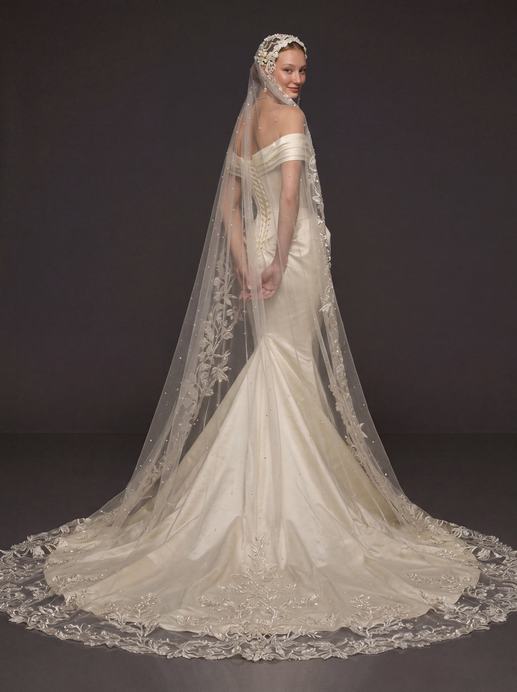 Champagne Ivory Sculpted Satin Mermaid Wedding Gown – Draped Off-Shoulder Neckline, Basque Waist Corset & Pearl Floral Cathedral Veil