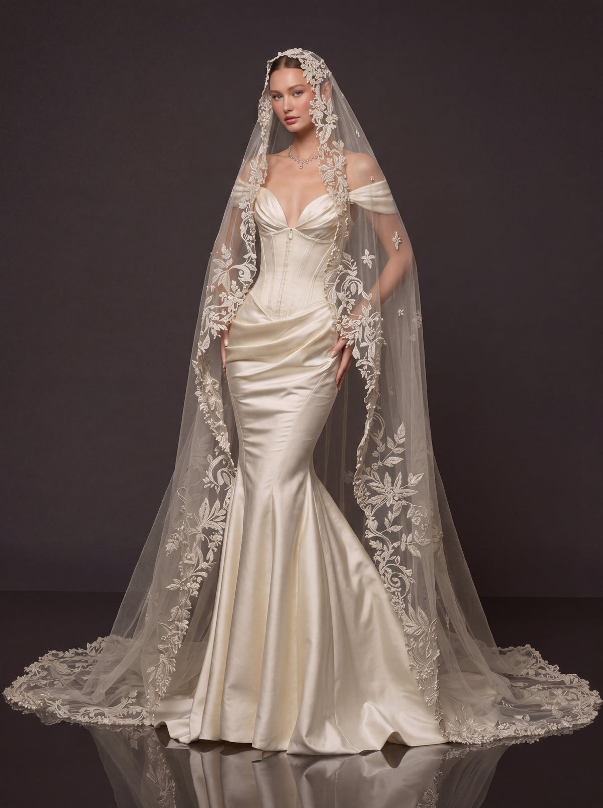 Champagne Satin Sweetheart Mermaid Bridal Gown – Draped Off-Shoulder Sleeves, Structured Corset & Floral Lace Cathedral Veil
