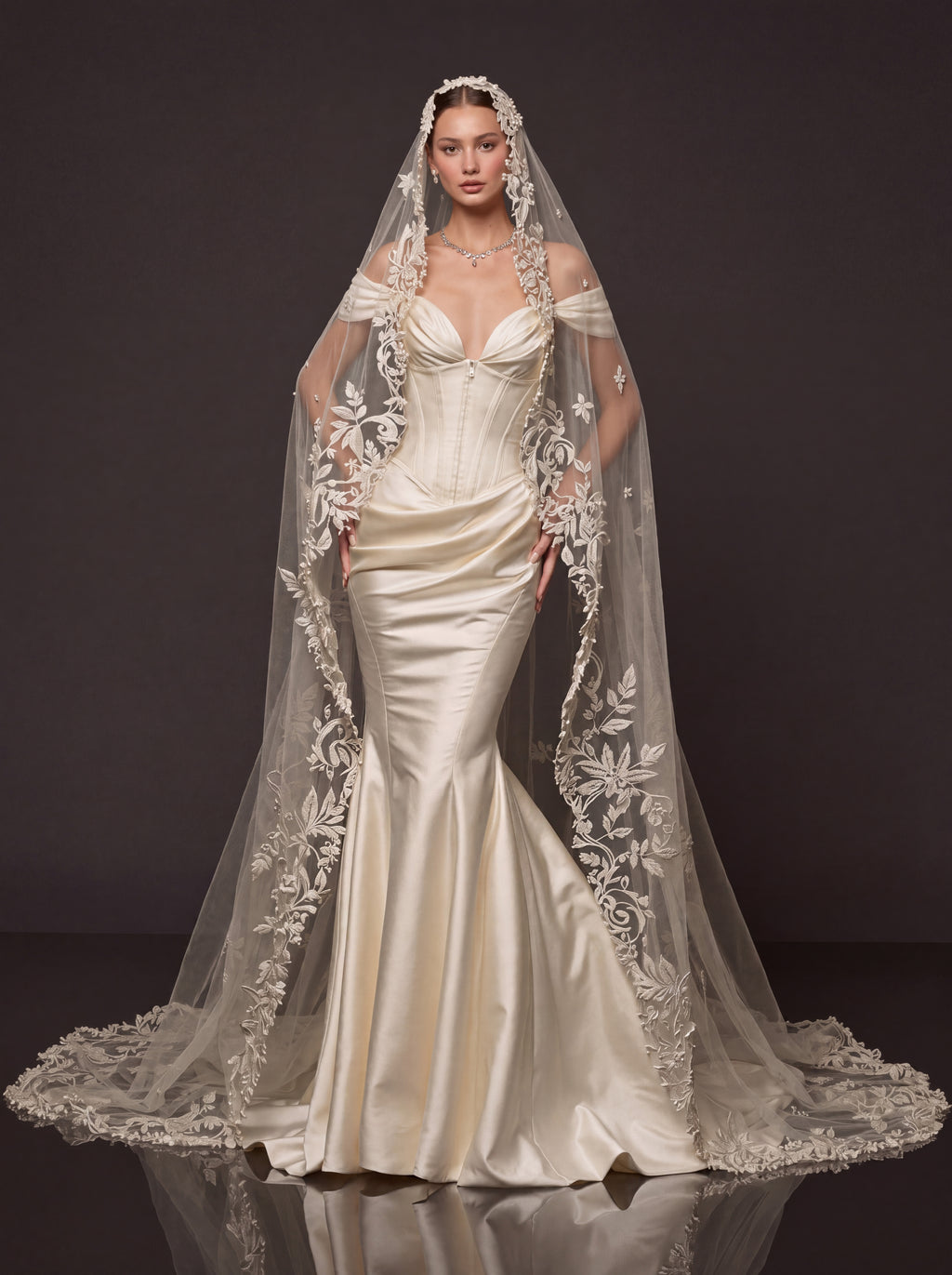 Champagne Satin Sweetheart Mermaid Bridal Gown – Draped Off-Shoulder Sleeves, Structured Corset & Floral Lace Cathedral Veil