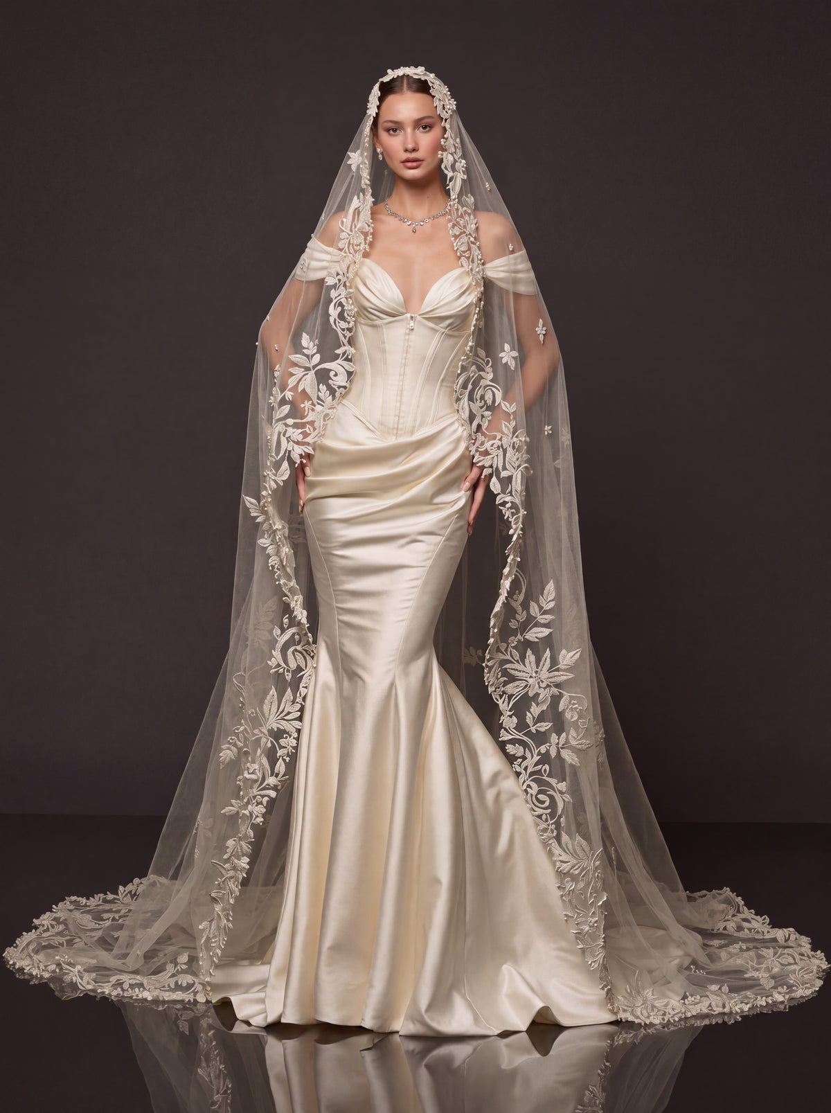 Champagne Satin Sweetheart Mermaid Bridal Gown – Draped Off-Shoulder Sleeves, Structured Corset & Floral Lace Cathedral Veil