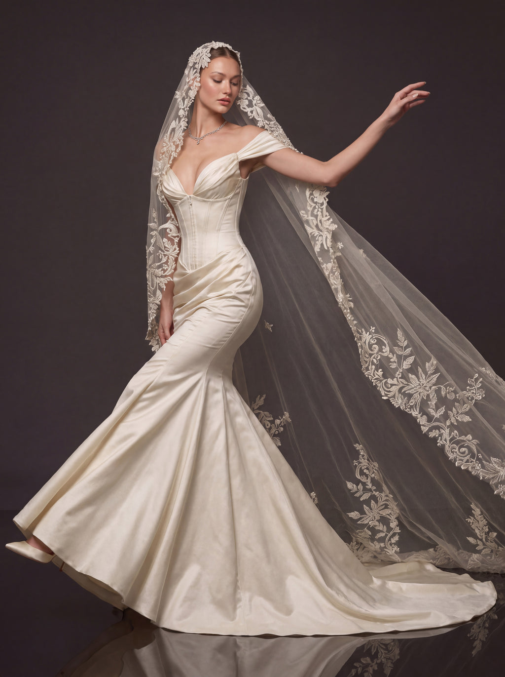 Champagne Satin Sweetheart Mermaid Bridal Gown – Draped Off-Shoulder Sleeves, Structured Corset & Floral Lace Cathedral Veil