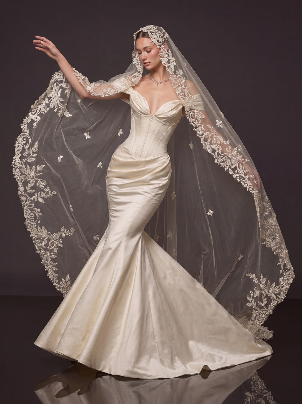Champagne Satin Sweetheart Mermaid Bridal Gown – Draped Off-Shoulder Sleeves, Structured Corset & Floral Lace Cathedral Veil