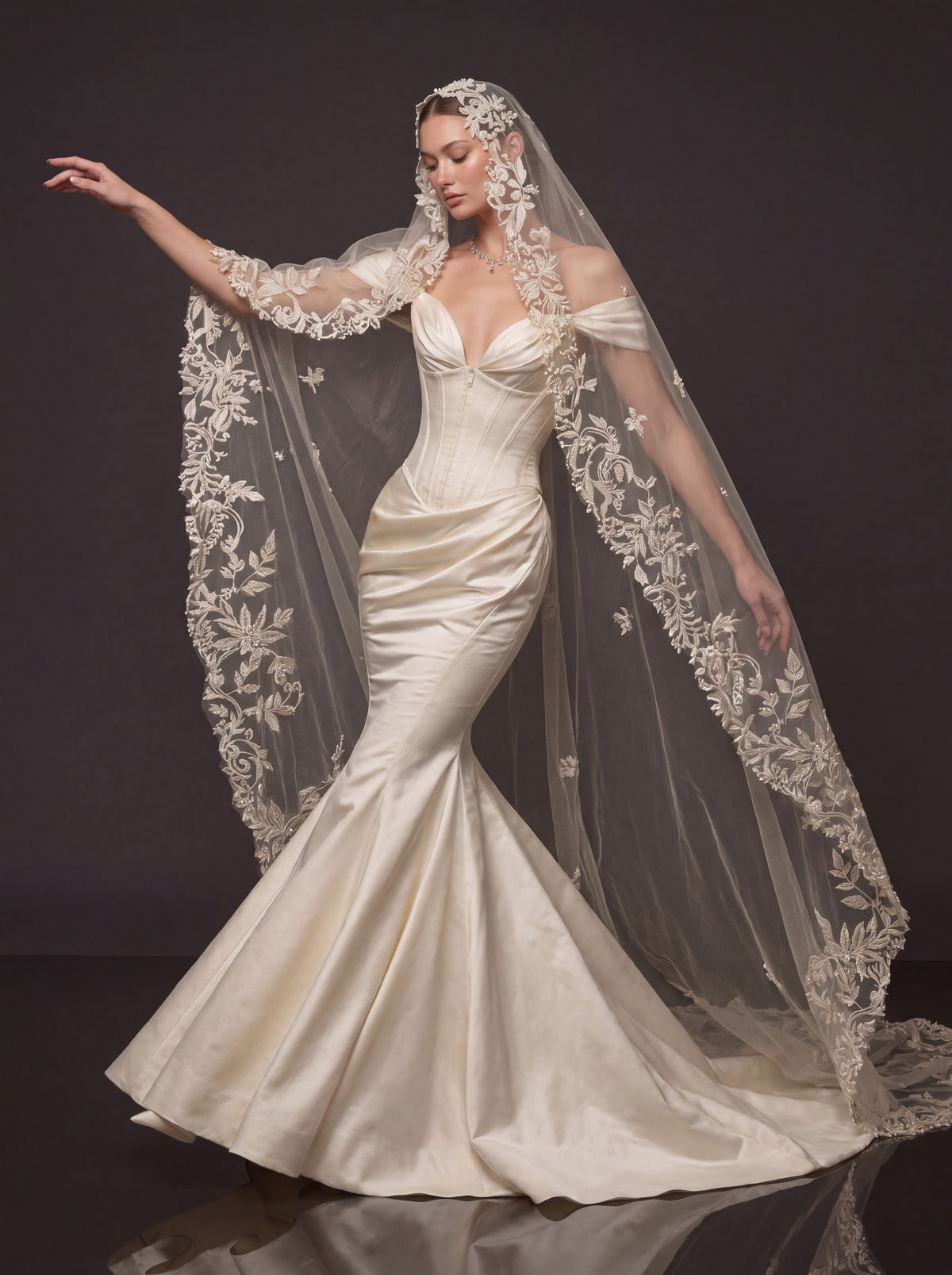 Champagne Satin Sweetheart Mermaid Bridal Gown – Draped Off-Shoulder Sleeves, Structured Corset & Floral Lace Cathedral Veil