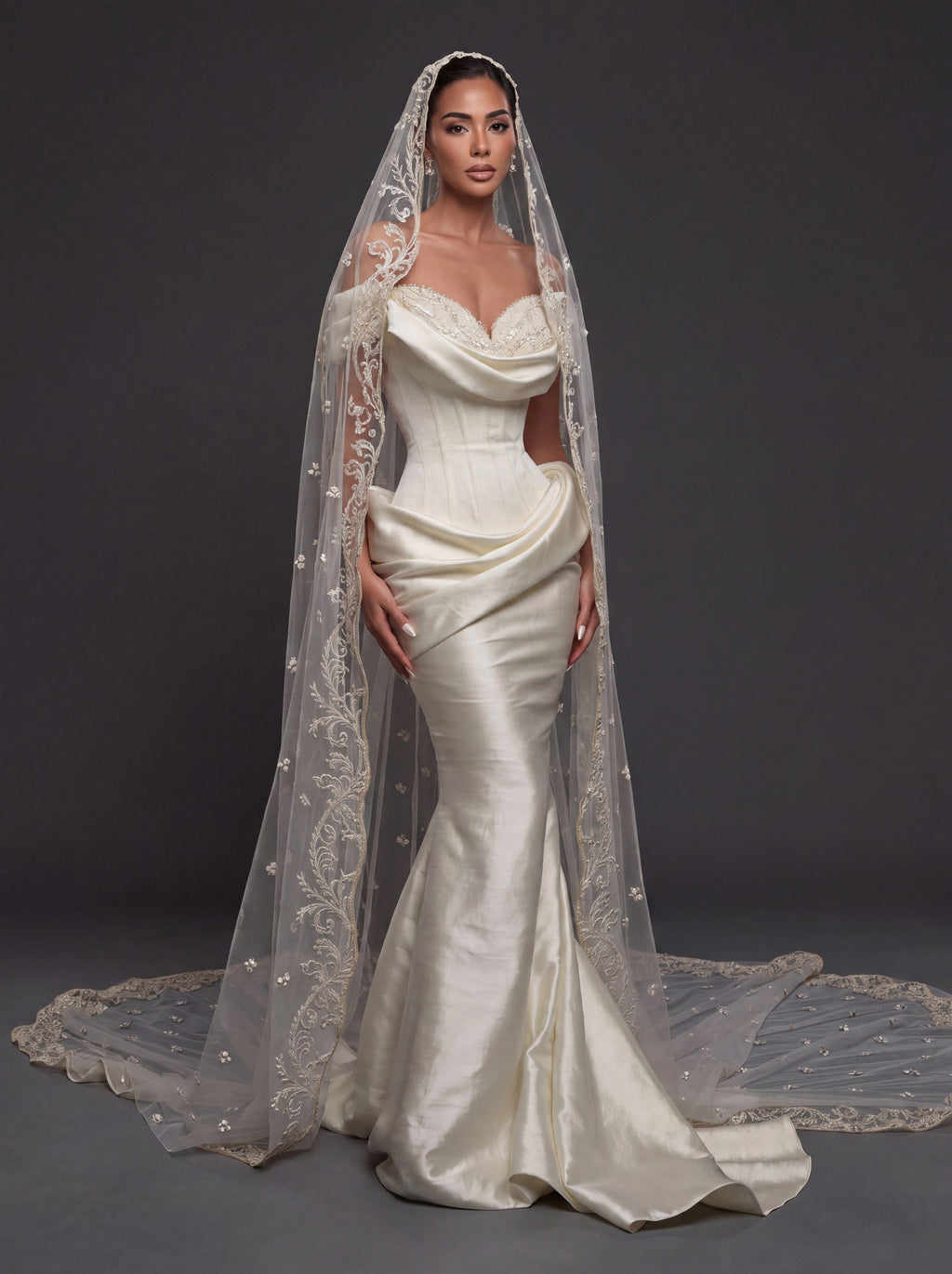 Pearl Embroidered Sweetheart Bridal Gown – Draped Satin Mermaid Silhouette with Sculpted Corset & Cathedral Lace Veil