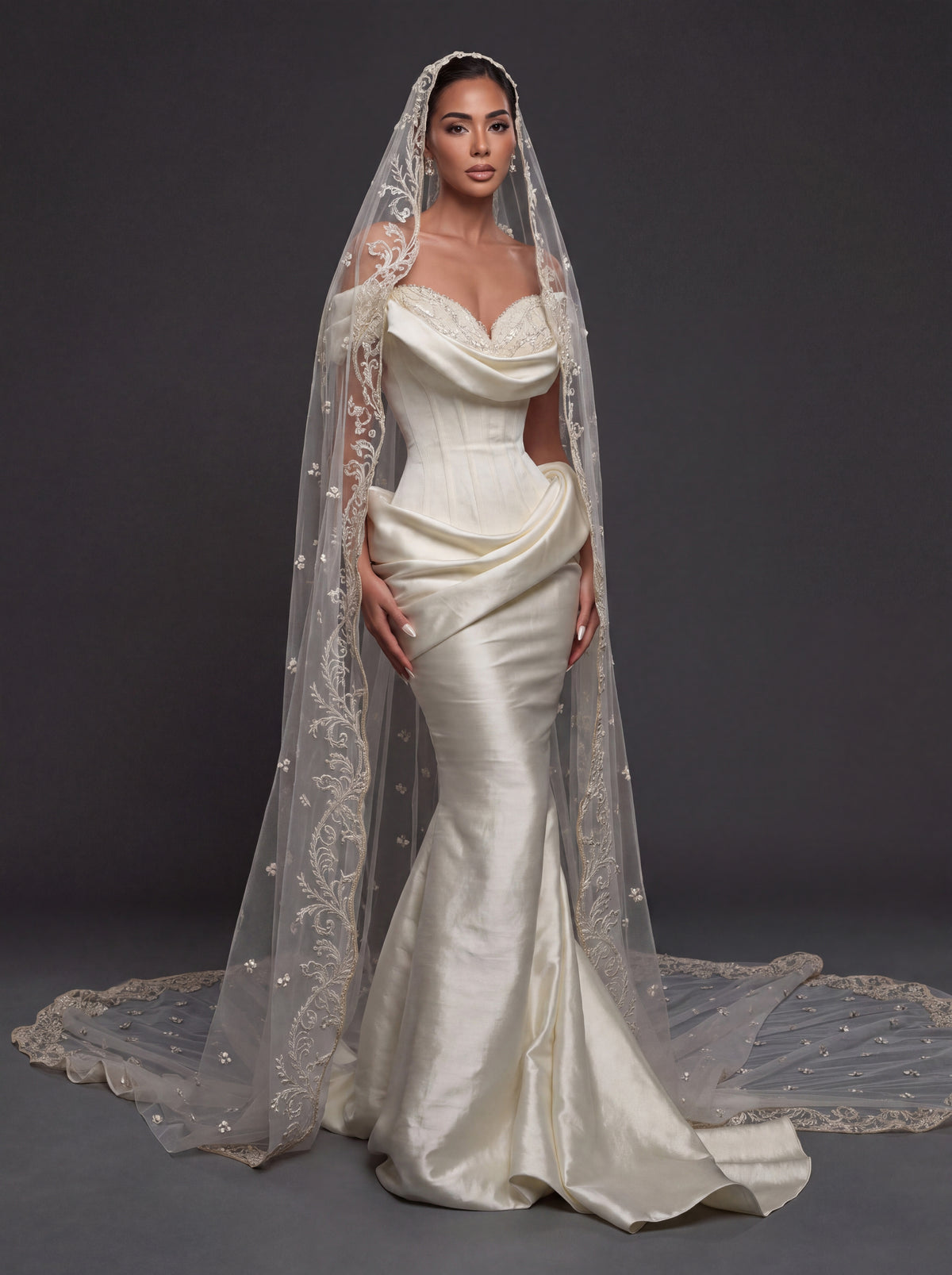 Pearl Embroidered Sweetheart Bridal Gown – Draped Satin Mermaid Silhouette with Sculpted Corset & Cathedral Lace Veil