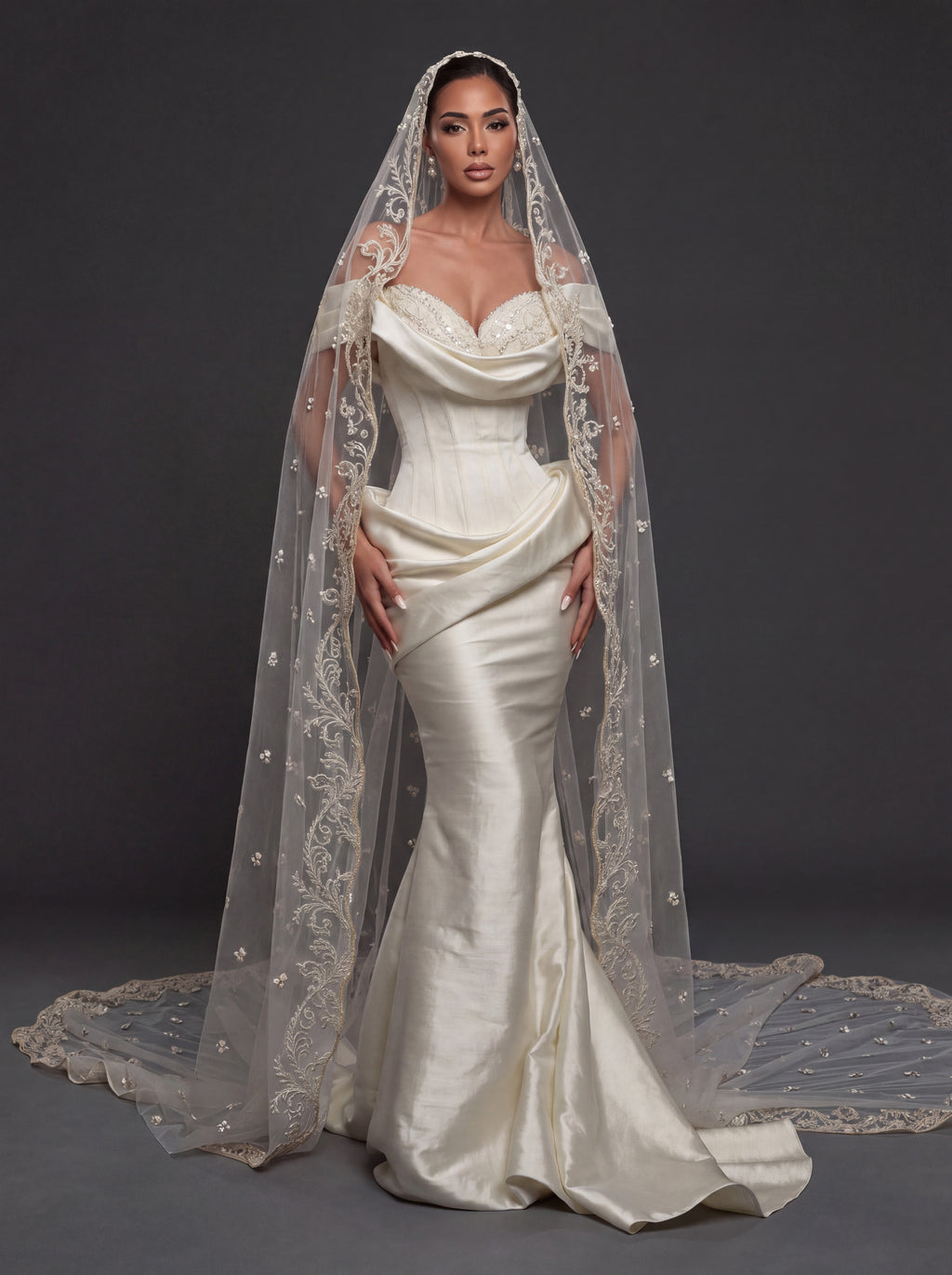 Pearl Embroidered Sweetheart Bridal Gown – Draped Satin Mermaid Silhouette with Sculpted Corset & Cathedral Lace Veil