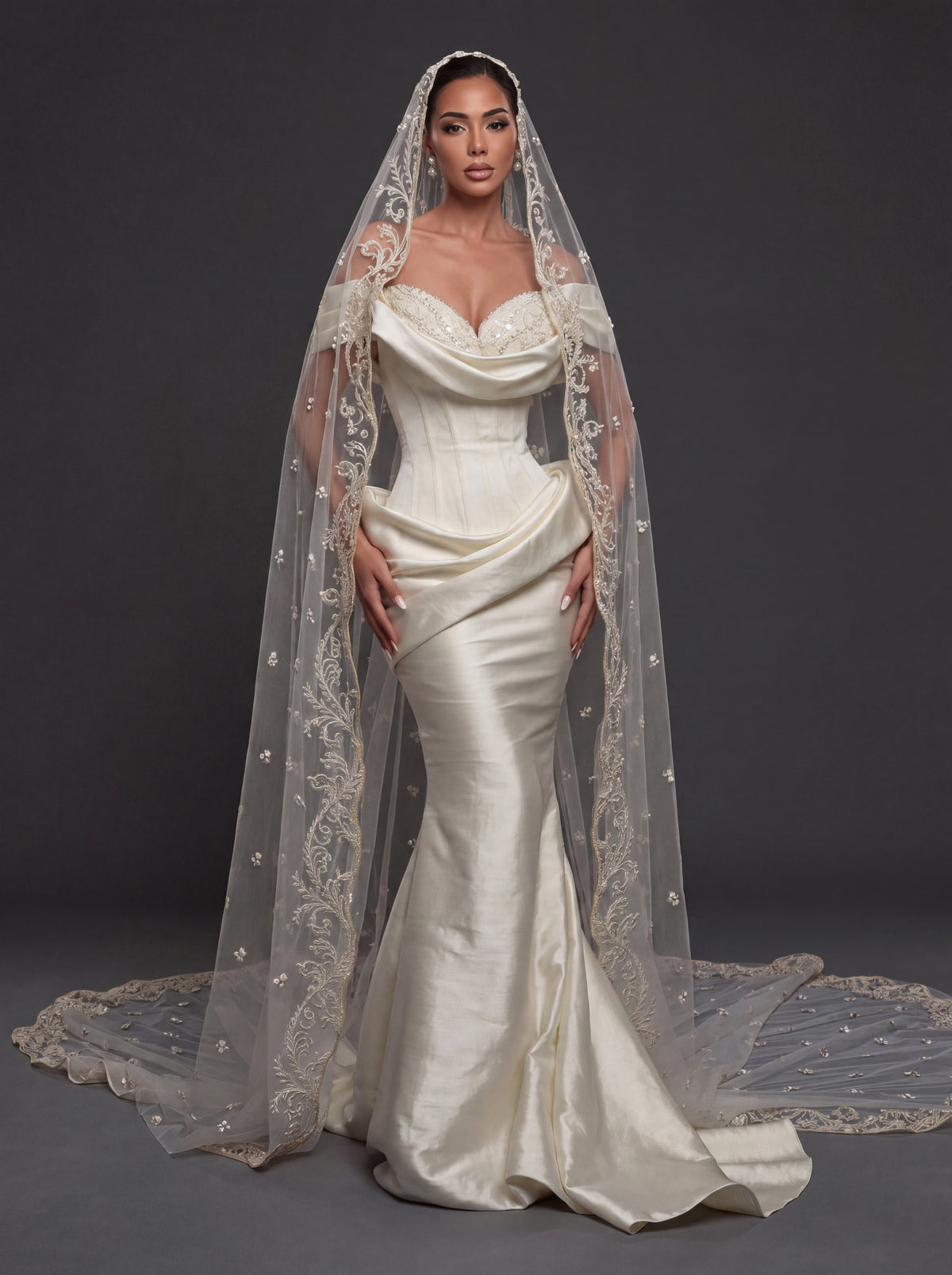 Pearl Embroidered Sweetheart Bridal Gown – Draped Satin Mermaid Silhouette with Sculpted Corset & Cathedral Lace Veil