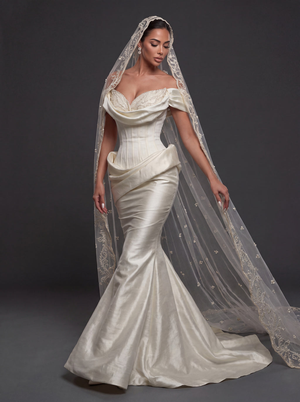 Pearl Embroidered Sweetheart Bridal Gown – Draped Satin Mermaid Silhouette with Sculpted Corset & Cathedral Lace Veil