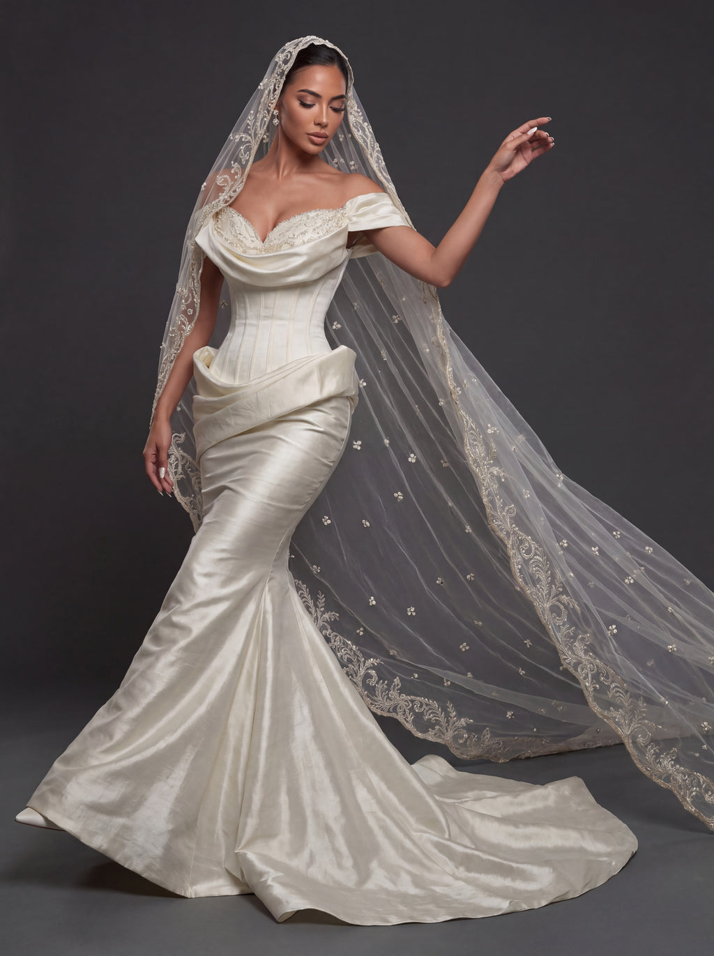 Pearl Embroidered Sweetheart Bridal Gown – Draped Satin Mermaid Silhouette with Sculpted Corset & Cathedral Lace Veil