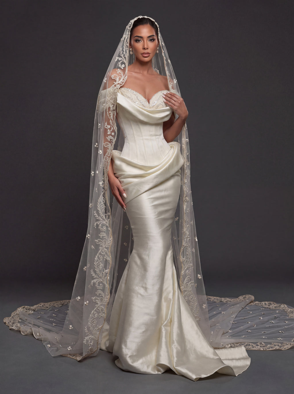 Pearl Embroidered Sweetheart Bridal Gown – Draped Satin Mermaid Silhouette with Sculpted Corset & Cathedral Lace Veil