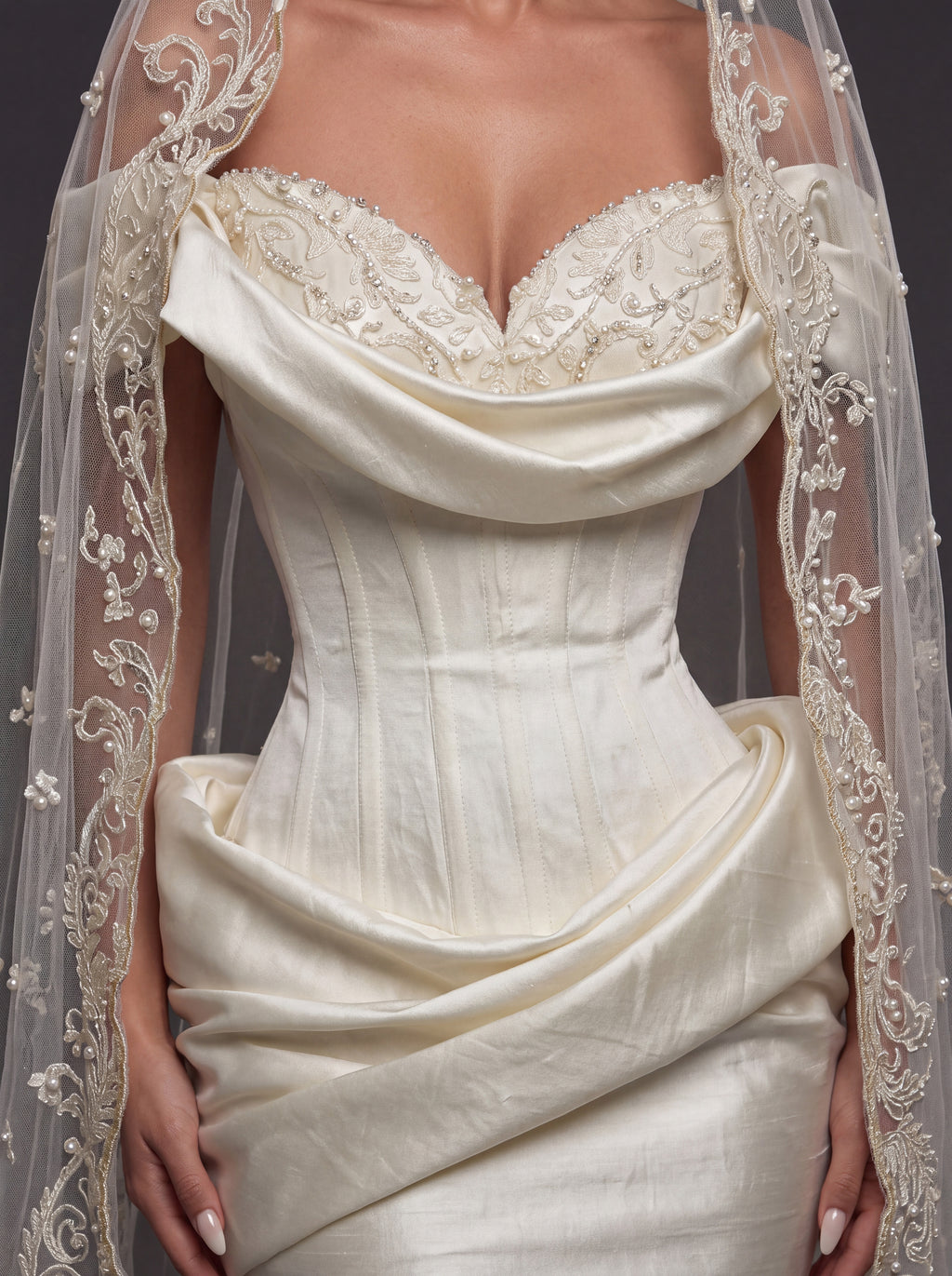 Pearl Embroidered Sweetheart Bridal Gown – Draped Satin Mermaid Silhouette with Sculpted Corset & Cathedral Lace Veil