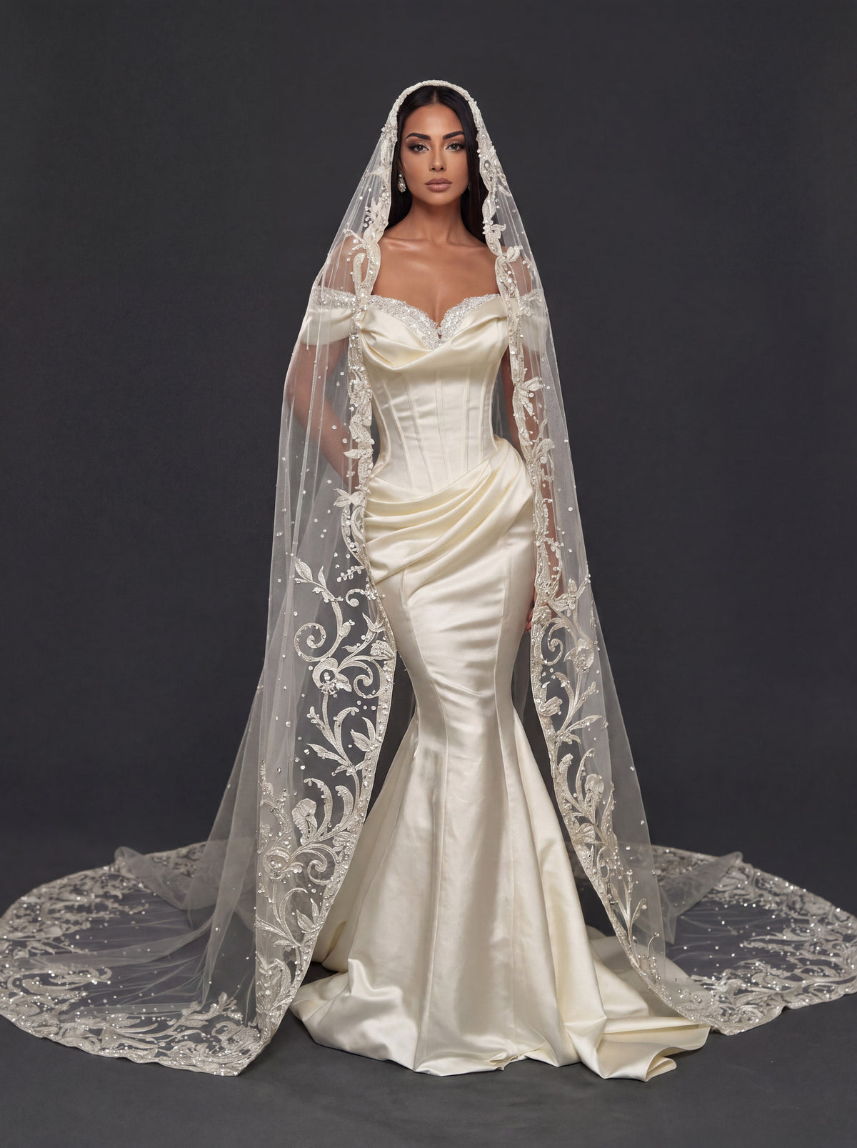Champagne Satin Off-Shoulder Mermaid Wedding Dress – Pearl Beaded Sweetheart Neckline with Sculpted Corset & Embroidered Cathedral Veil