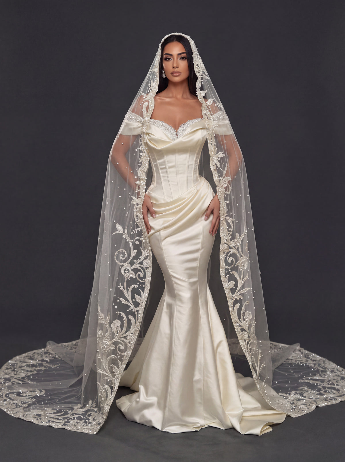 Champagne Satin Off-Shoulder Mermaid Wedding Dress – Pearl Beaded Sweetheart Neckline with Sculpted Corset & Embroidered Cathedral Veil