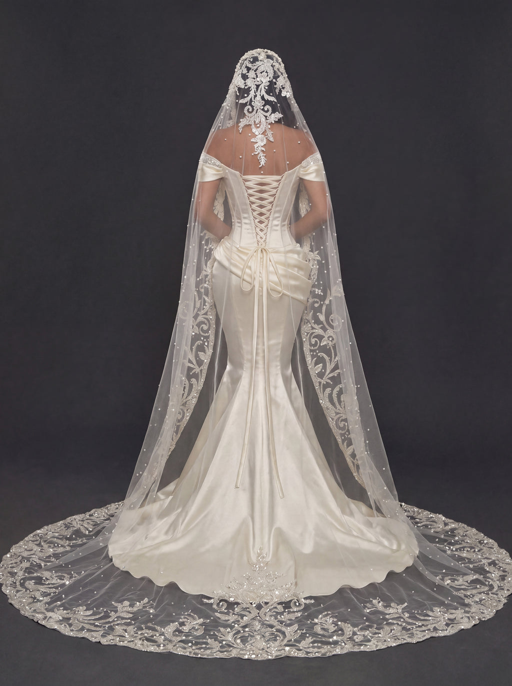 Champagne Satin Off-Shoulder Mermaid Wedding Dress – Pearl Beaded Sweetheart Neckline with Sculpted Corset & Embroidered Cathedral Veil