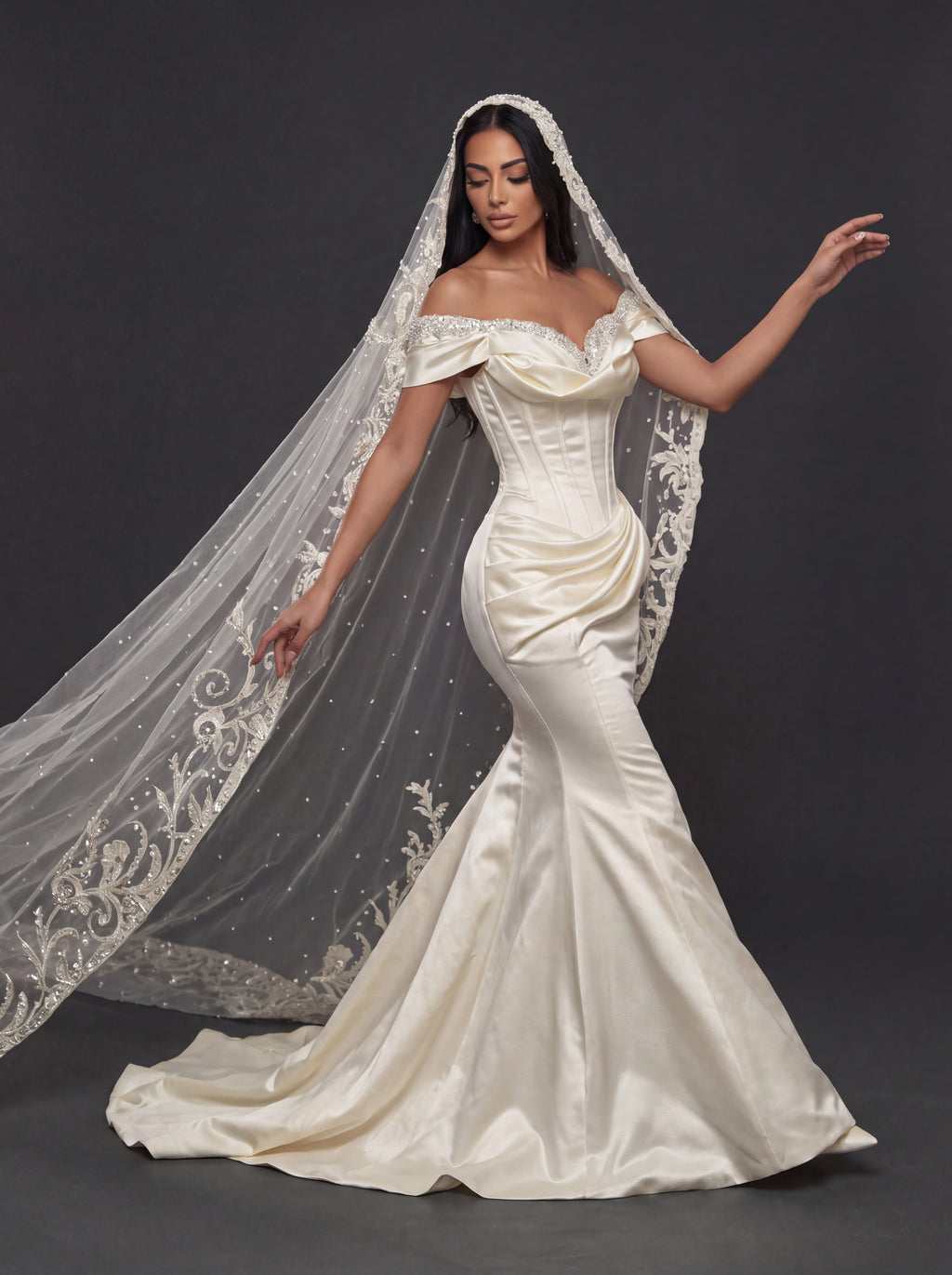 Champagne Satin Off-Shoulder Mermaid Wedding Dress – Pearl Beaded Sweetheart Neckline with Sculpted Corset & Embroidered Cathedral Veil