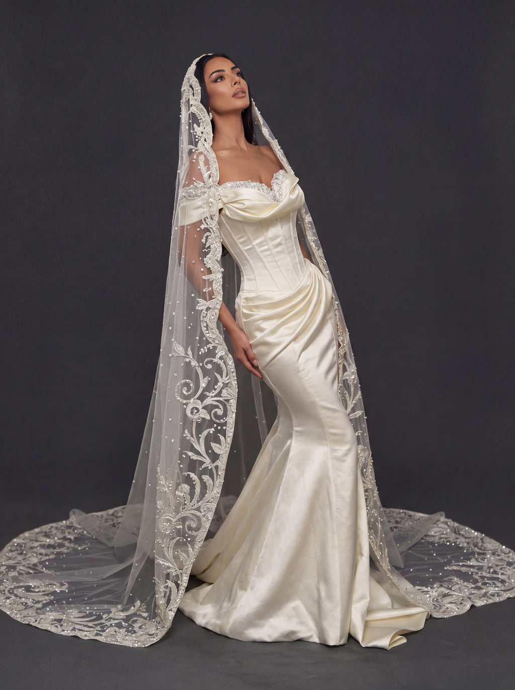 Champagne Satin Off-Shoulder Mermaid Wedding Dress – Pearl Beaded Sweetheart Neckline with Sculpted Corset & Embroidered Cathedral Veil