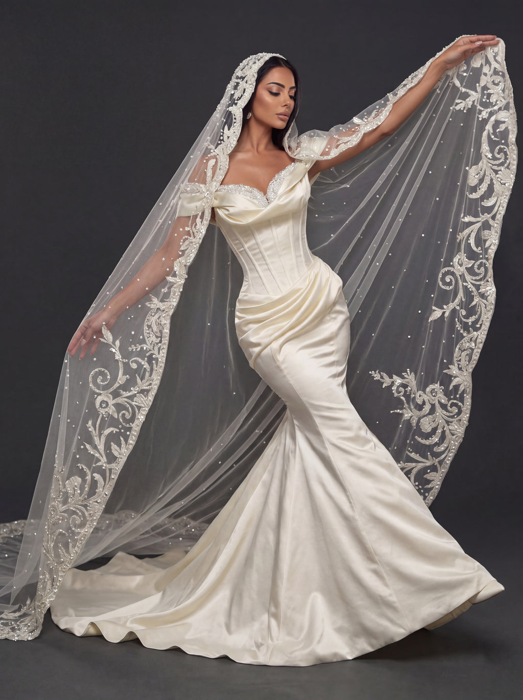 Champagne Satin Off-Shoulder Mermaid Wedding Dress – Pearl Beaded Sweetheart Neckline with Sculpted Corset & Embroidered Cathedral Veil