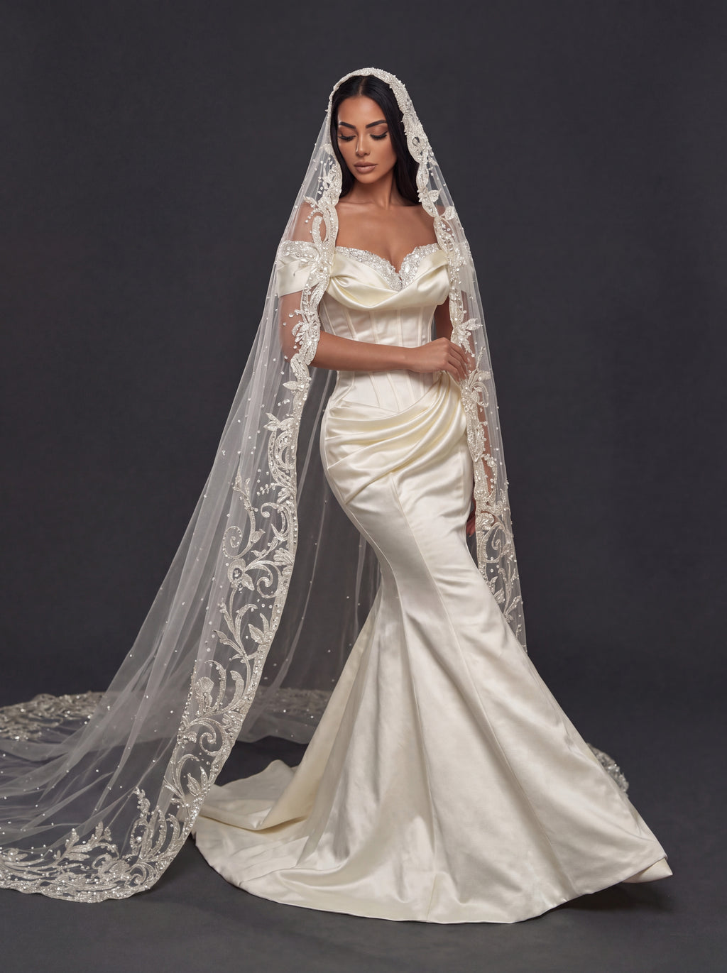 Champagne Satin Off-Shoulder Mermaid Wedding Dress – Pearl Beaded Sweetheart Neckline with Sculpted Corset & Embroidered Cathedral Veil