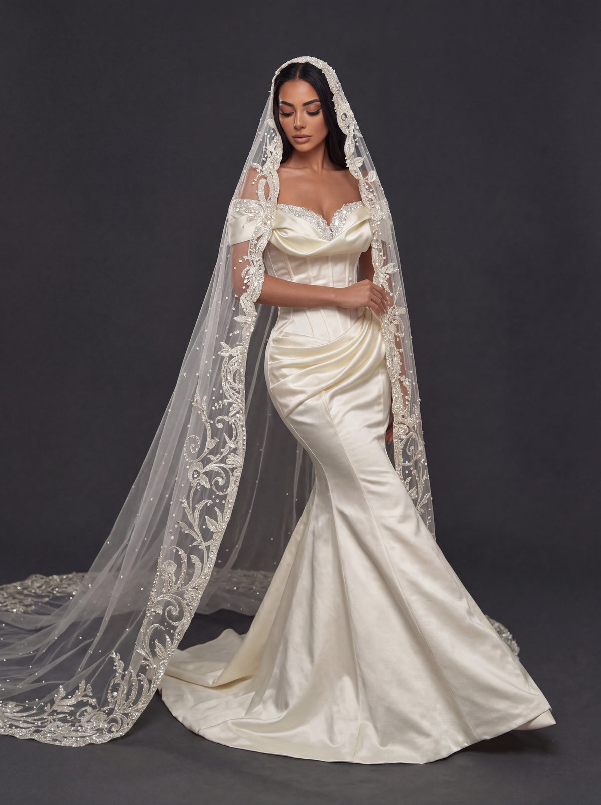 Champagne Satin Off-Shoulder Mermaid Wedding Dress – Pearl Beaded Sweetheart Neckline with Sculpted Corset & Embroidered Cathedral Veil