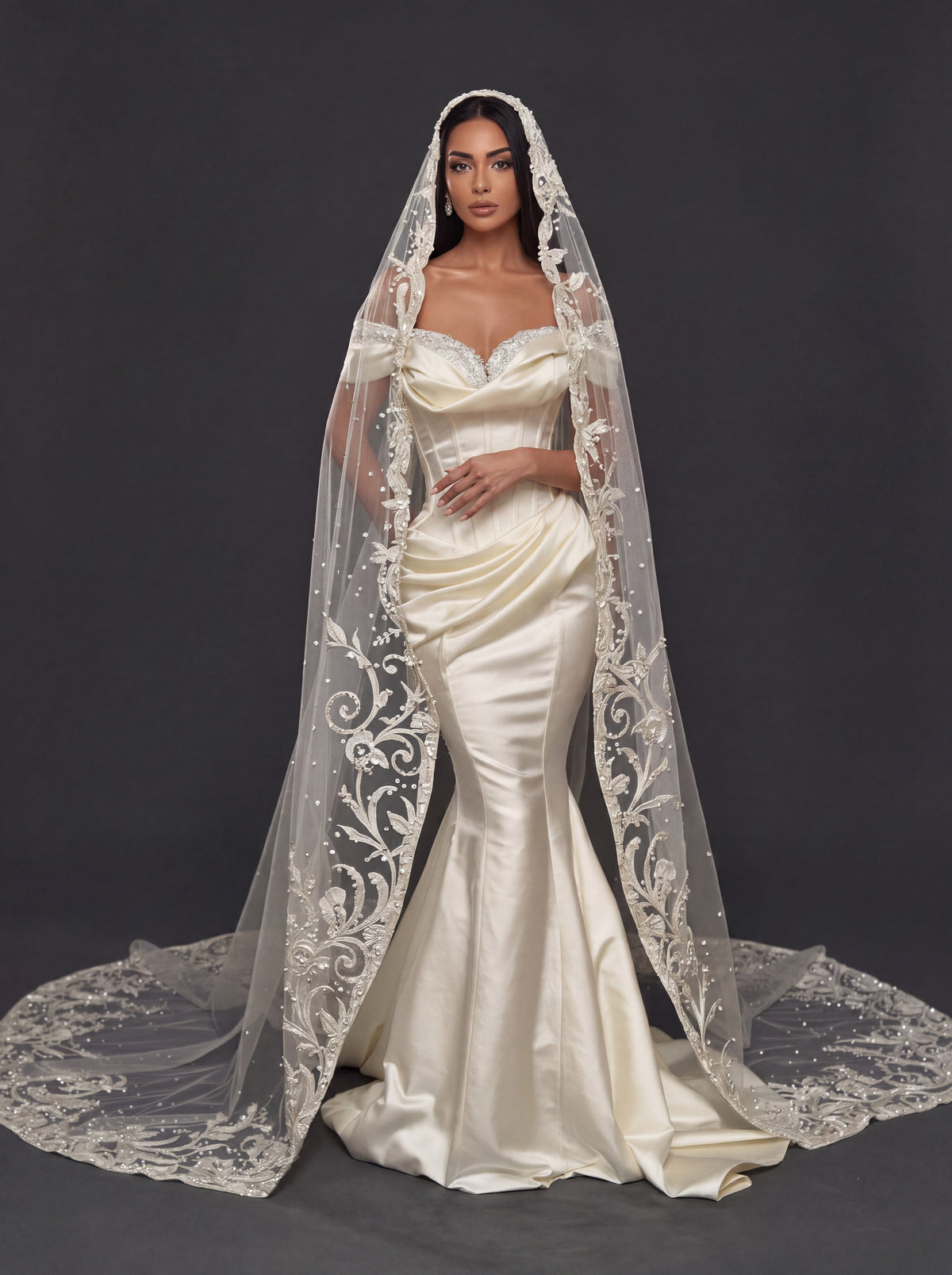Champagne Satin Off-Shoulder Mermaid Wedding Dress – Pearl Beaded Sweetheart Neckline with Sculpted Corset & Embroidered Cathedral Veil