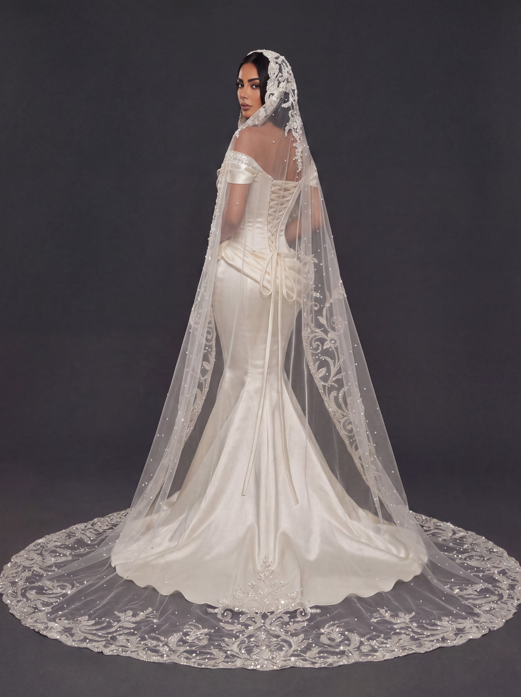 Champagne Satin Off-Shoulder Mermaid Wedding Dress – Pearl Beaded Sweetheart Neckline with Sculpted Corset & Embroidered Cathedral Veil