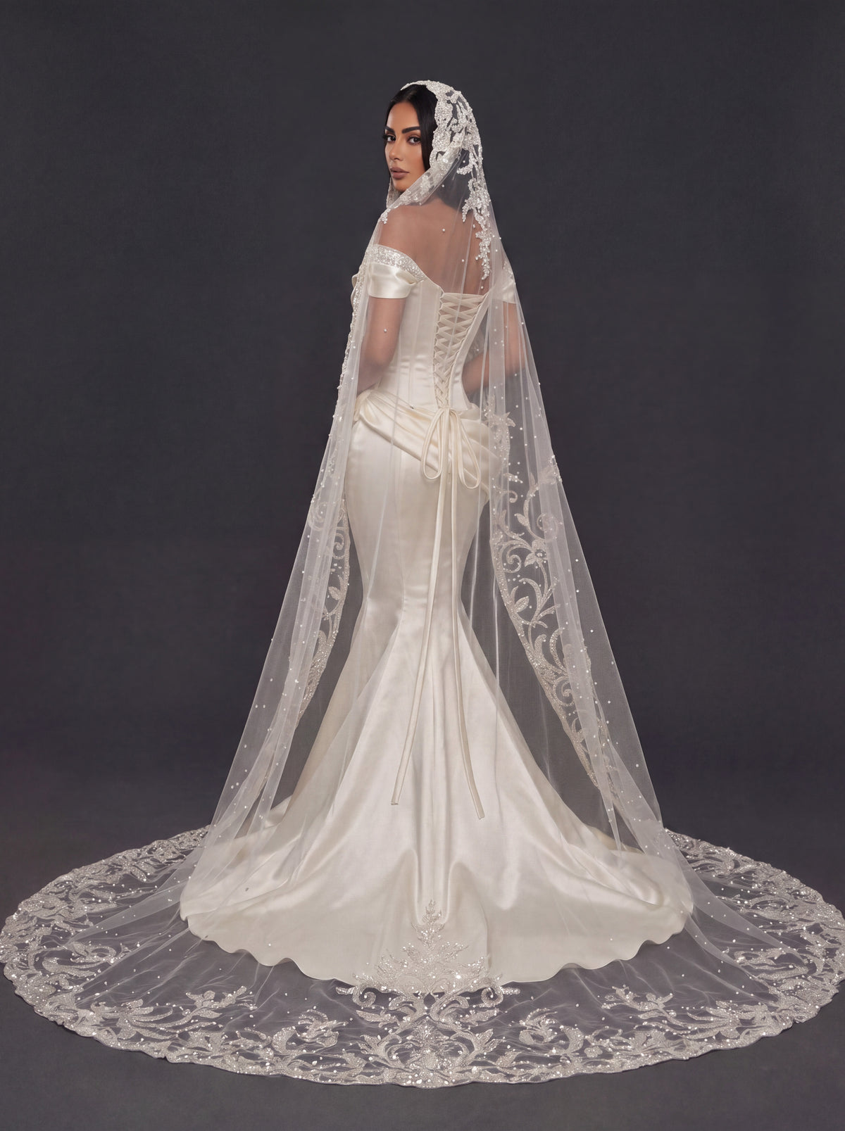Champagne Satin Off-Shoulder Mermaid Wedding Dress – Pearl Beaded Sweetheart Neckline with Sculpted Corset & Embroidered Cathedral Veil