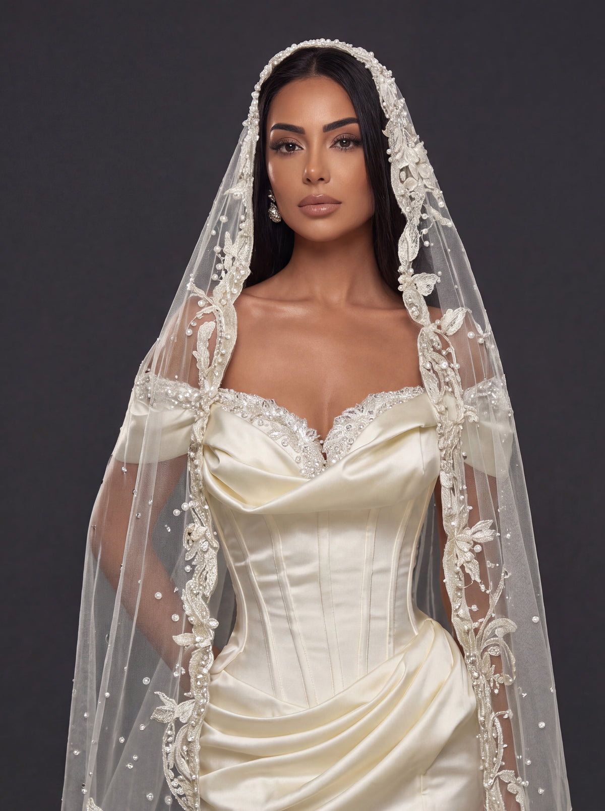 Champagne Satin Off-Shoulder Mermaid Wedding Dress – Pearl Beaded Sweetheart Neckline with Sculpted Corset & Embroidered Cathedral Veil