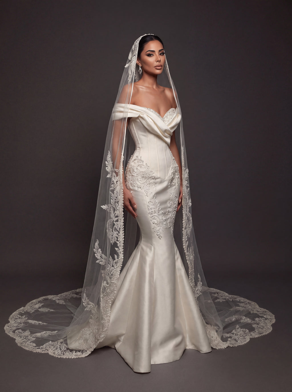 Pearl Embroidered Satin Mermaid Wedding Dress – Off-Shoulder Draped Sweetheart Neckline with Sculpted Corset & Floral Lace Cathedral Veil