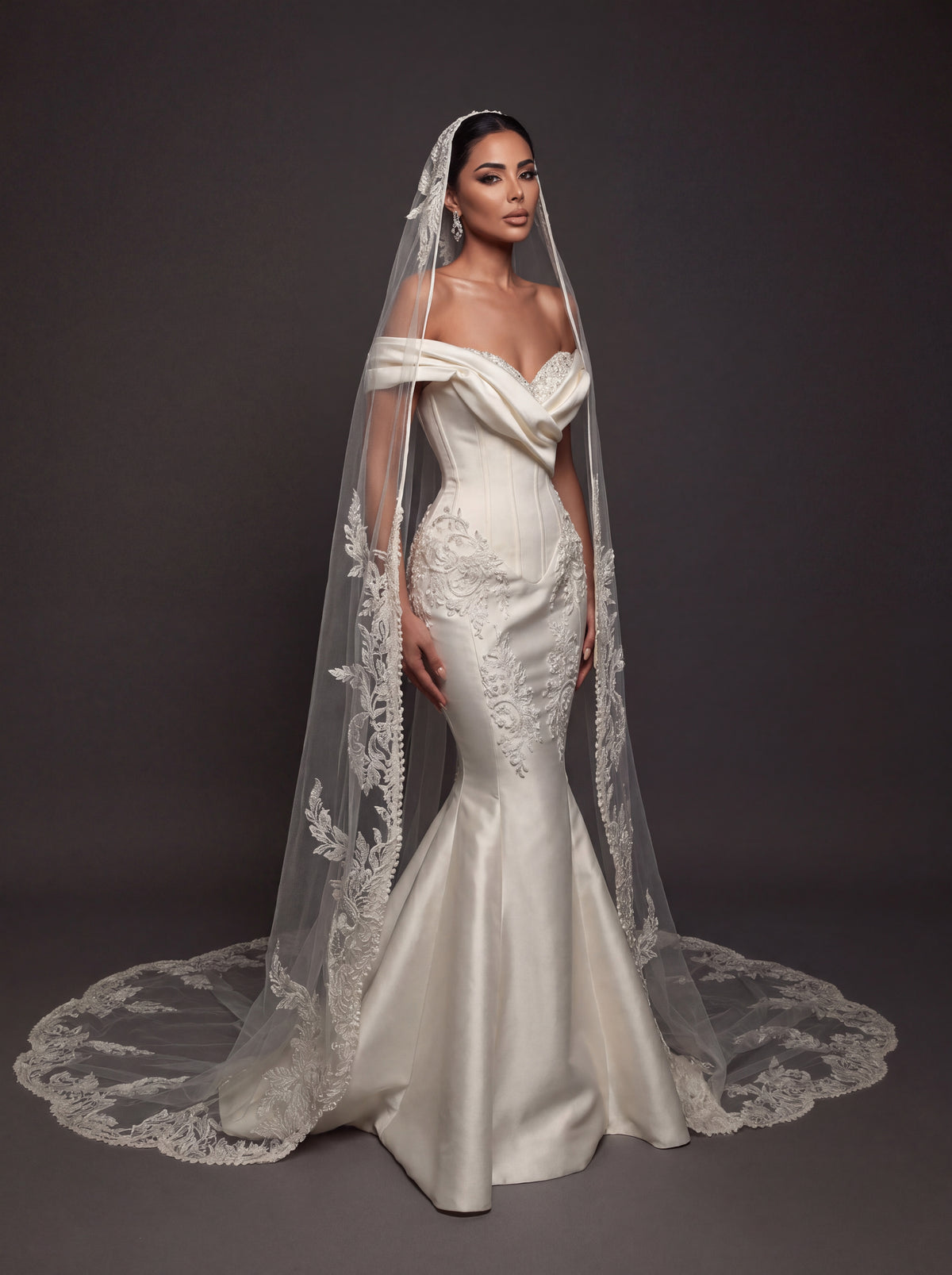 Pearl Embroidered Satin Mermaid Wedding Dress – Off-Shoulder Draped Sweetheart Neckline with Sculpted Corset & Floral Lace Cathedral Veil