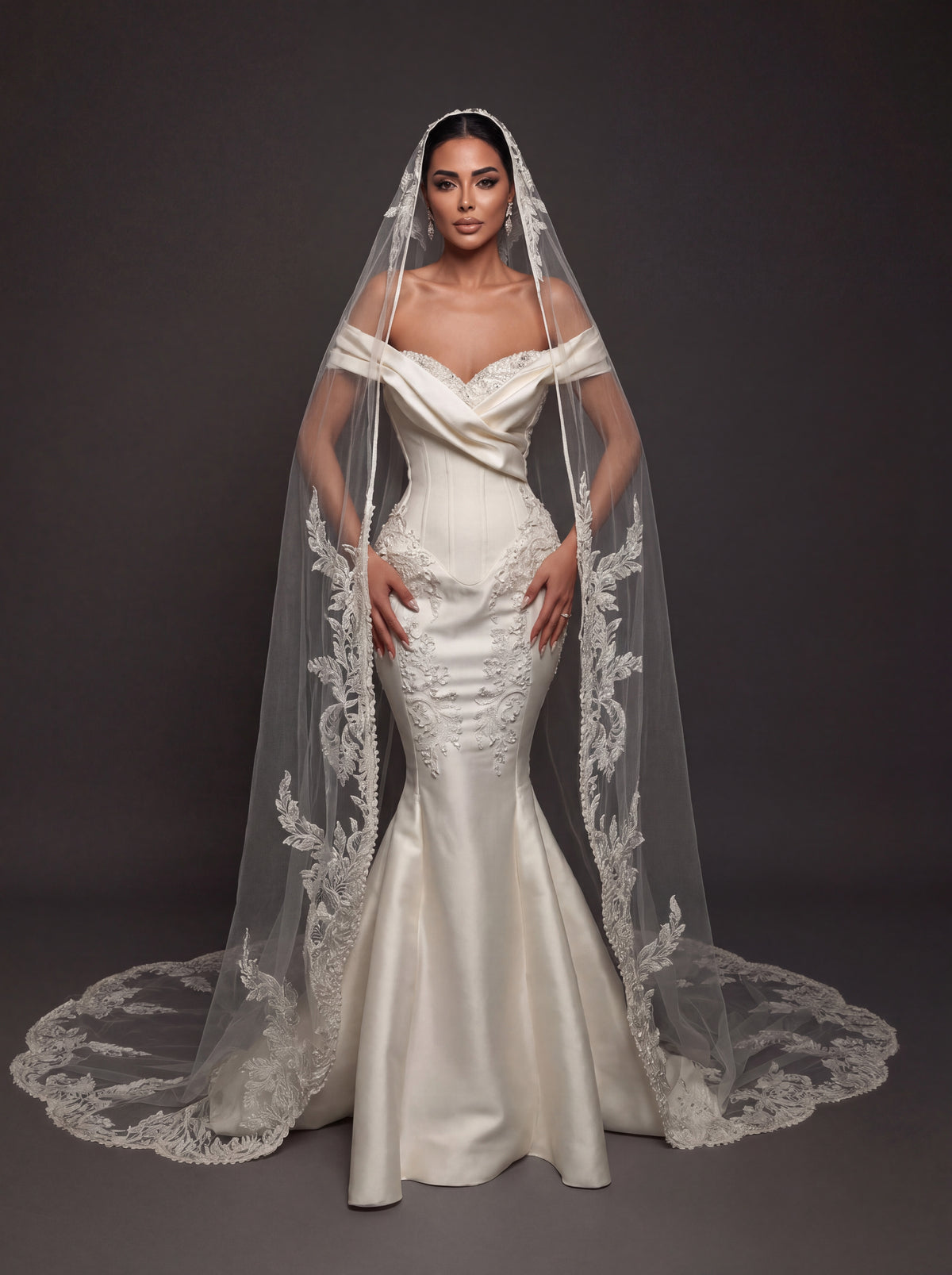 Pearl Embroidered Satin Mermaid Wedding Dress – Off-Shoulder Draped Sweetheart Neckline with Sculpted Corset & Floral Lace Cathedral Veil