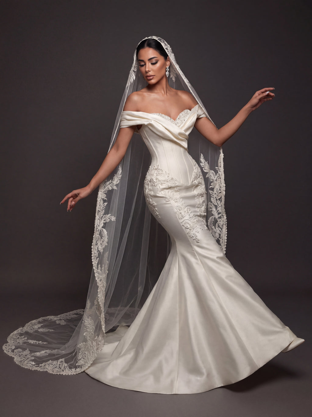 Pearl Embroidered Satin Mermaid Wedding Dress – Off-Shoulder Draped Sweetheart Neckline with Sculpted Corset & Floral Lace Cathedral Veil