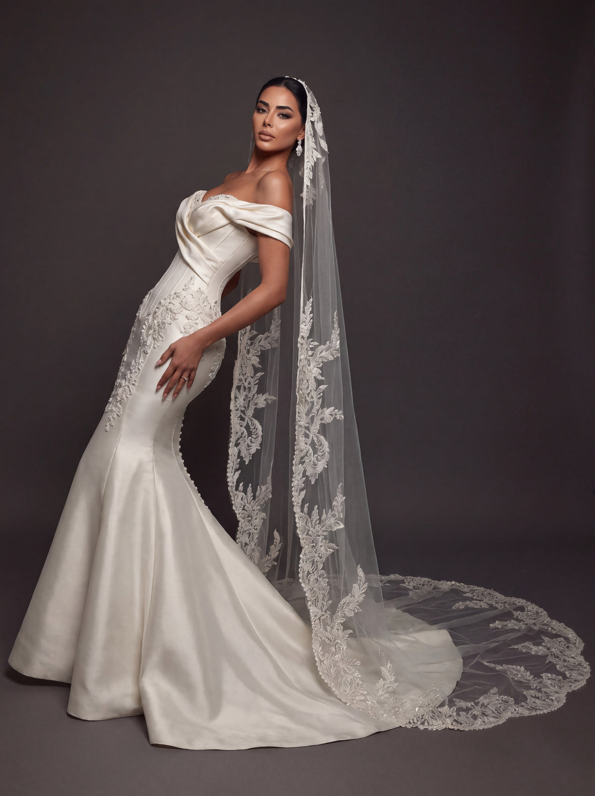Pearl Embroidered Satin Mermaid Wedding Dress – Off-Shoulder Draped Sweetheart Neckline with Sculpted Corset & Floral Lace Cathedral Veil
