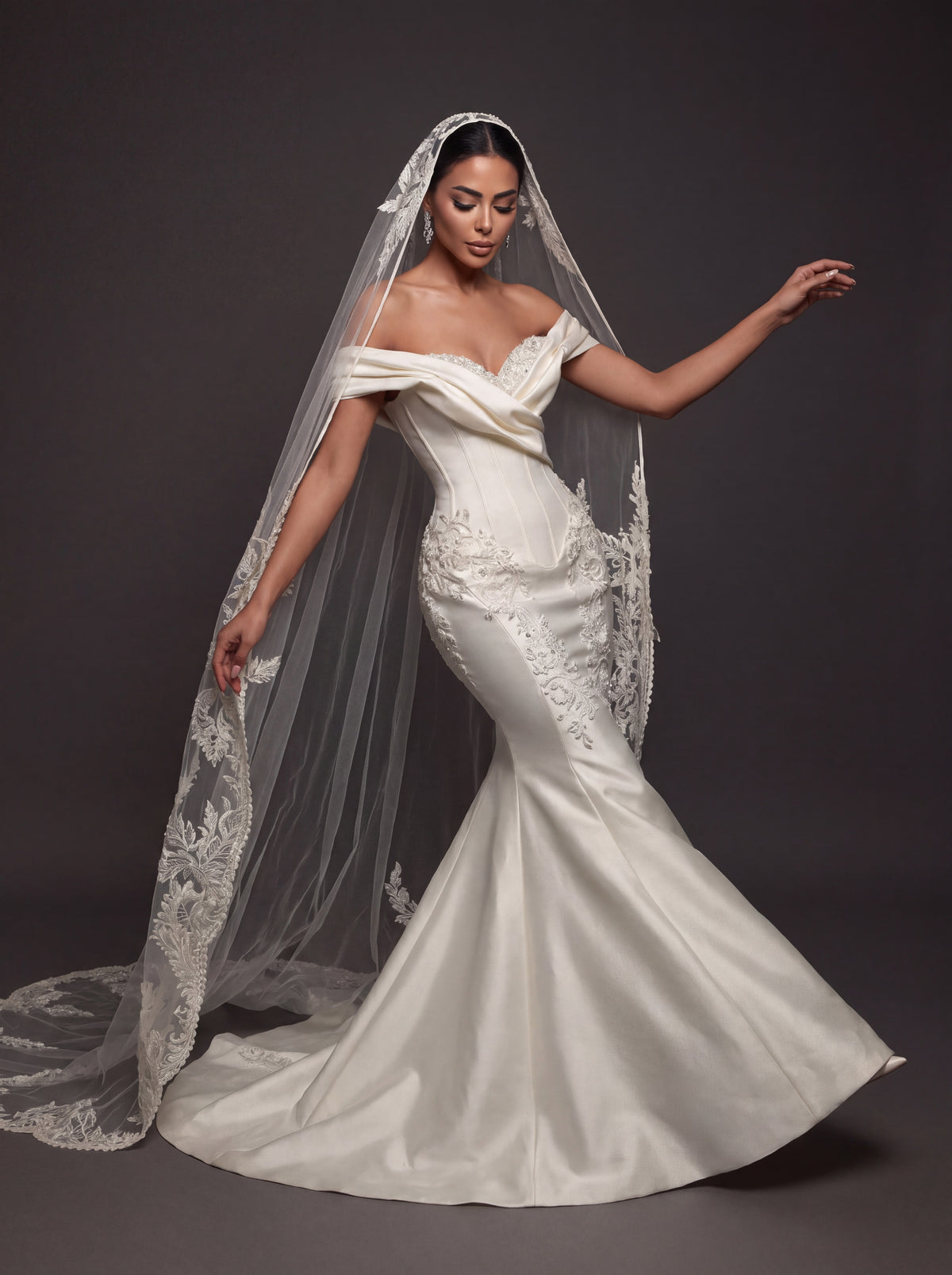 Pearl Embroidered Satin Mermaid Wedding Dress – Off-Shoulder Draped Sweetheart Neckline with Sculpted Corset & Floral Lace Cathedral Veil