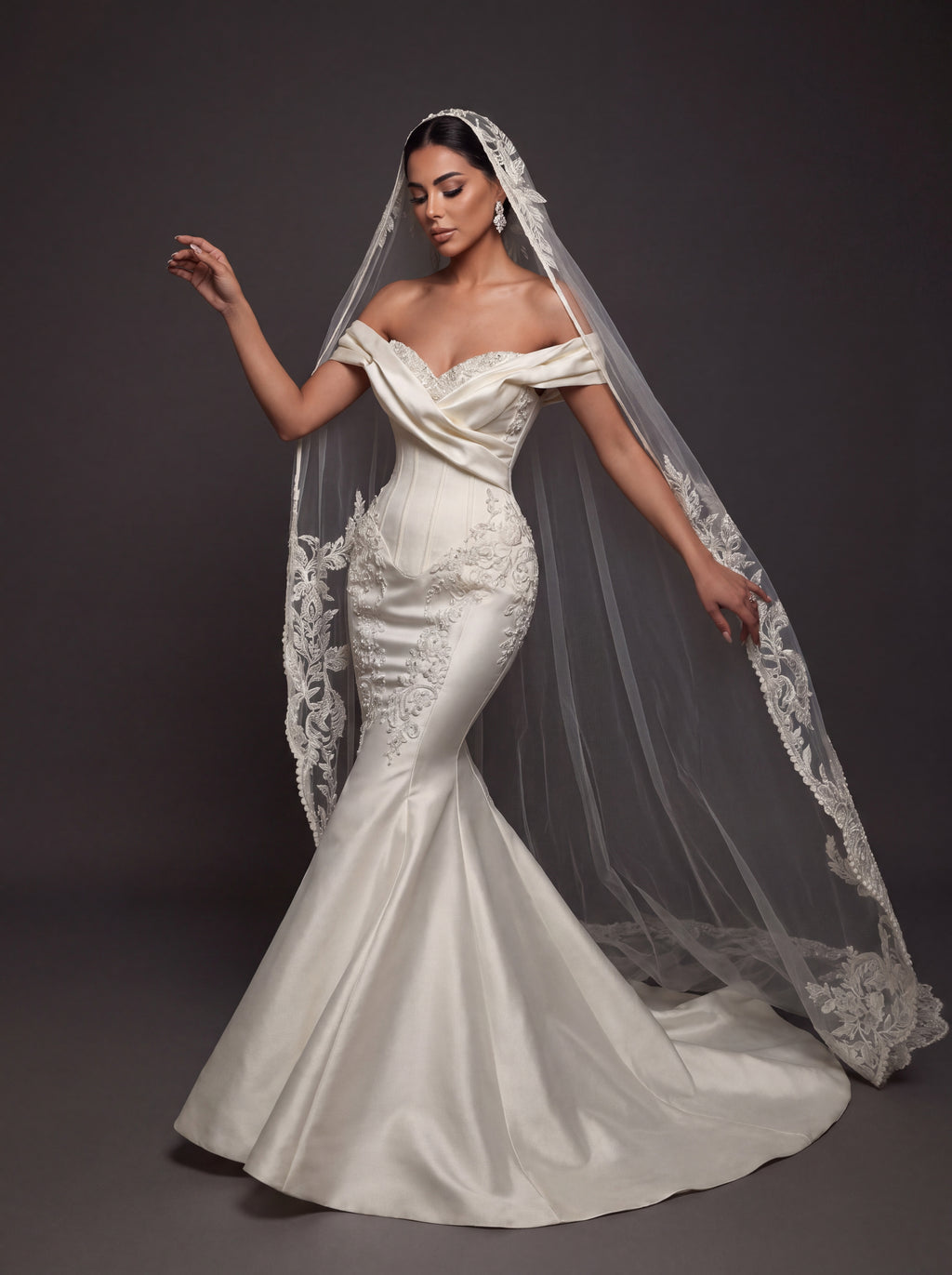 Pearl Embroidered Satin Mermaid Wedding Dress – Off-Shoulder Draped Sweetheart Neckline with Sculpted Corset & Floral Lace Cathedral Veil