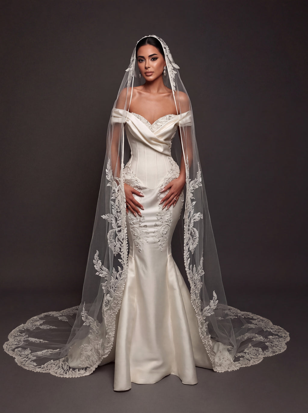 Pearl Embroidered Satin Mermaid Wedding Dress – Off-Shoulder Draped Sweetheart Neckline with Sculpted Corset & Floral Lace Cathedral Veil