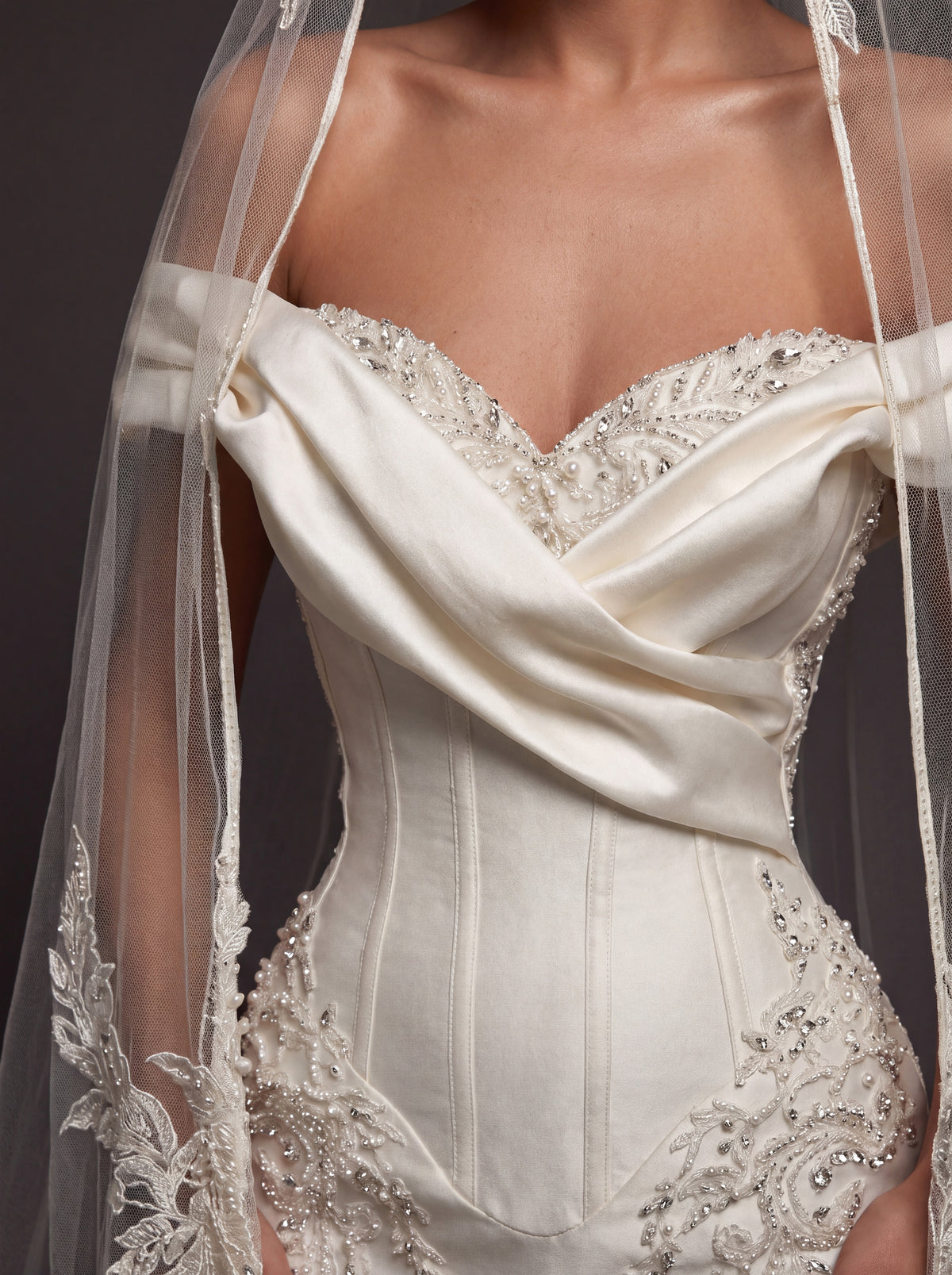 Pearl Embroidered Satin Mermaid Wedding Dress – Off-Shoulder Draped Sweetheart Neckline with Sculpted Corset & Floral Lace Cathedral Veil