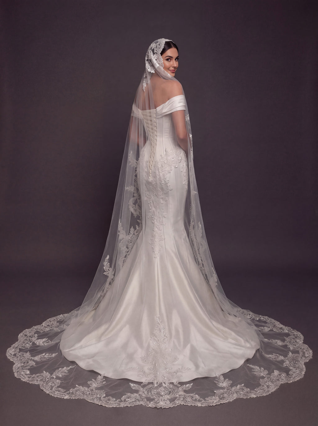 Pearl Embroidered Satin Mermaid Wedding Dress – Off-Shoulder Draped Sweetheart Neckline with Sculpted Corset & Floral Lace Cathedral Veil