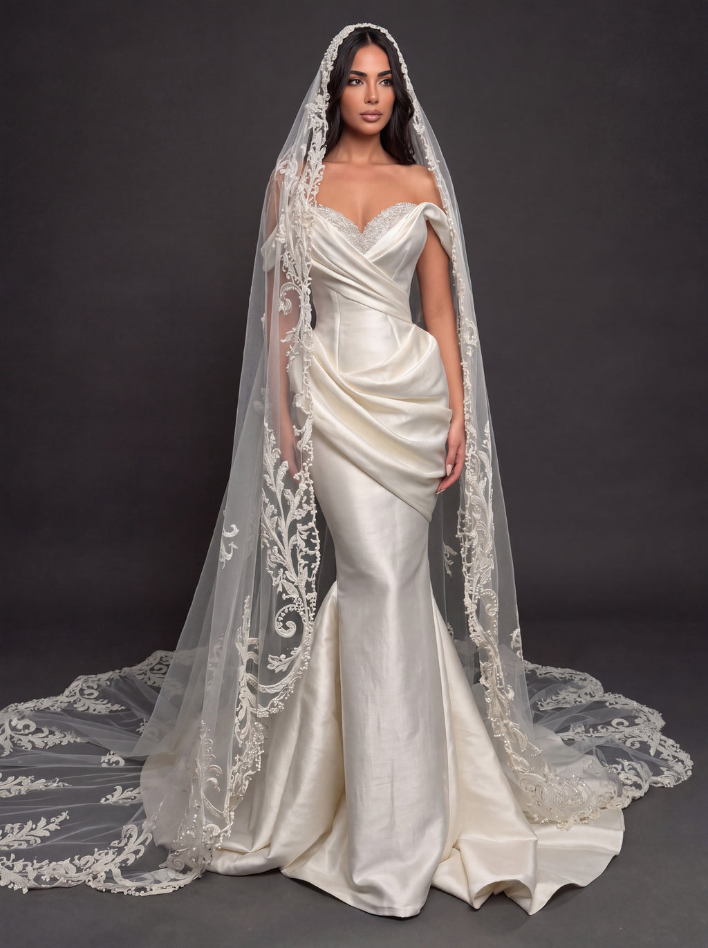 Sculpted Satin Draped Mermaid Wedding Dress – Off-Shoulder Sweetheart Neckline with Pearl Embroidery & Cathedral Lace Veil