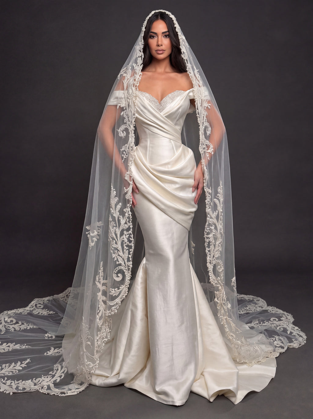 Sculpted Satin Draped Mermaid Wedding Dress – Off-Shoulder Sweetheart Neckline with Pearl Embroidery & Cathedral Lace Veil