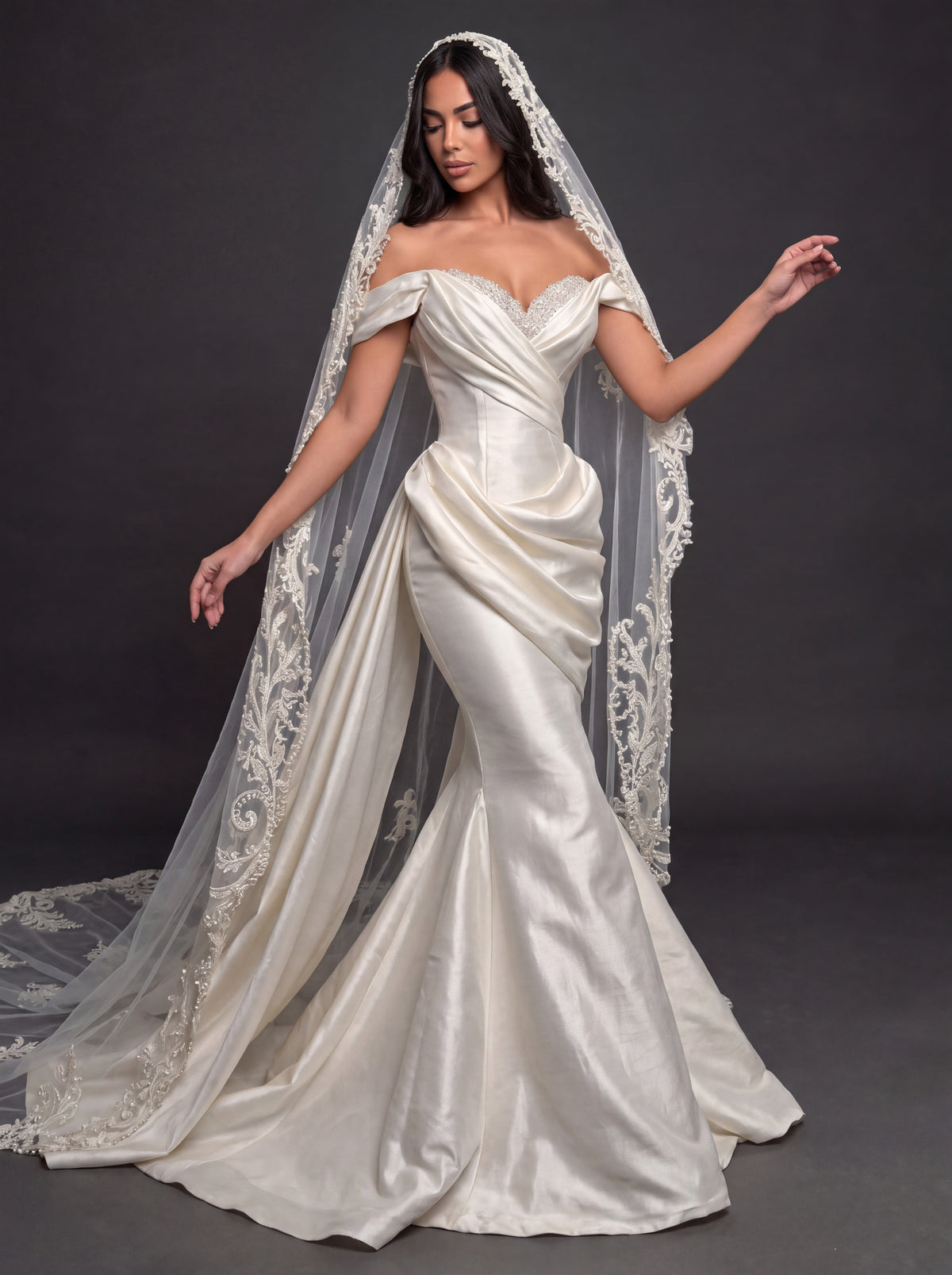 Sculpted Satin Draped Mermaid Wedding Dress – Off-Shoulder Sweetheart Neckline with Pearl Embroidery & Cathedral Lace Veil