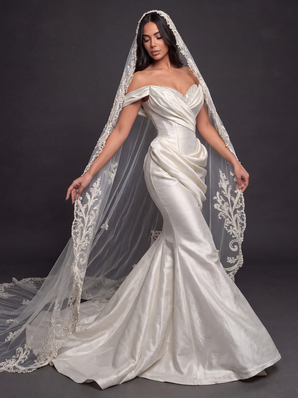 Sculpted Satin Draped Mermaid Wedding Dress – Off-Shoulder Sweetheart Neckline with Pearl Embroidery & Cathedral Lace Veil