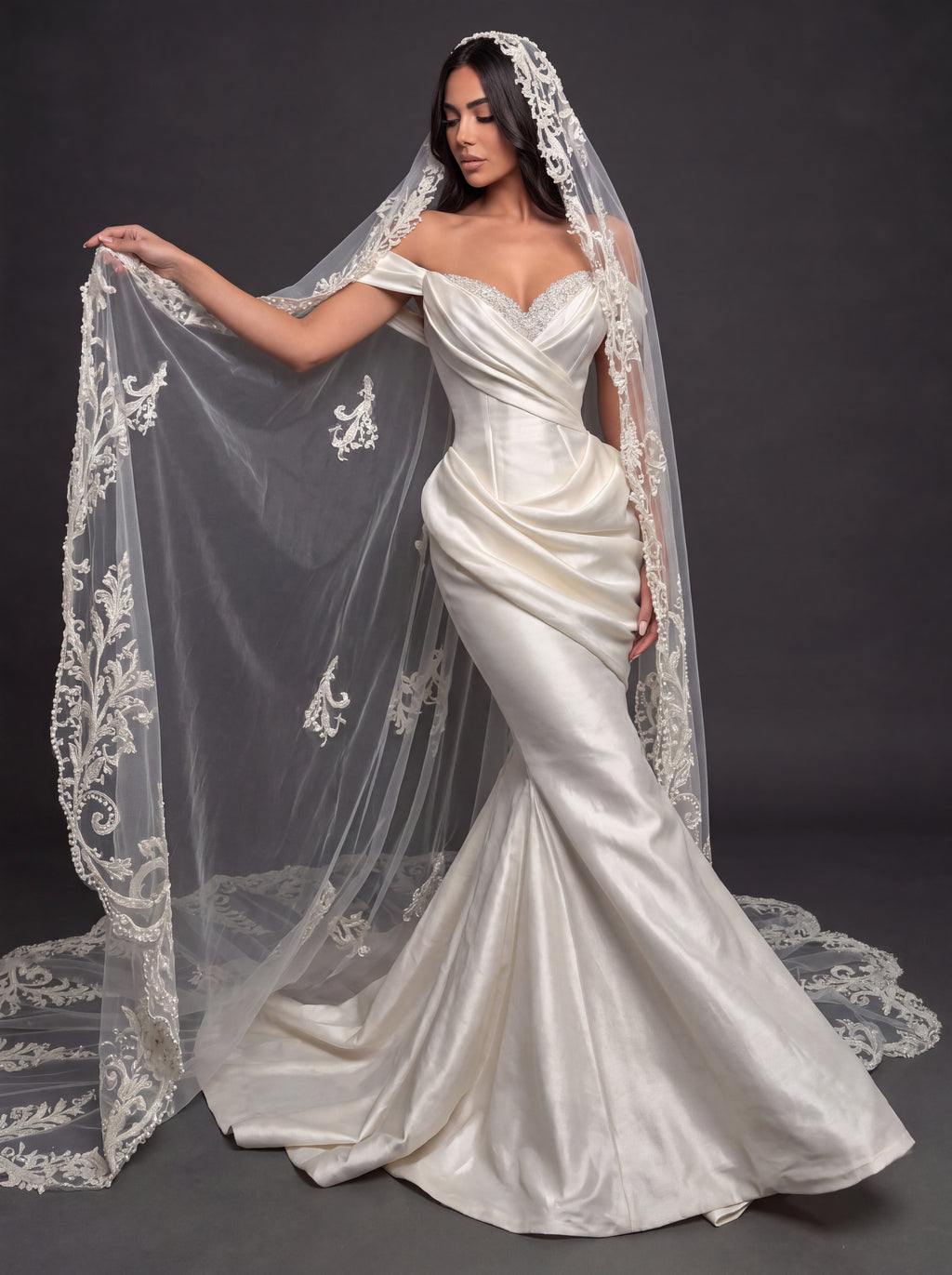 Sculpted Satin Draped Mermaid Wedding Dress – Off-Shoulder Sweetheart Neckline with Pearl Embroidery & Cathedral Lace Veil