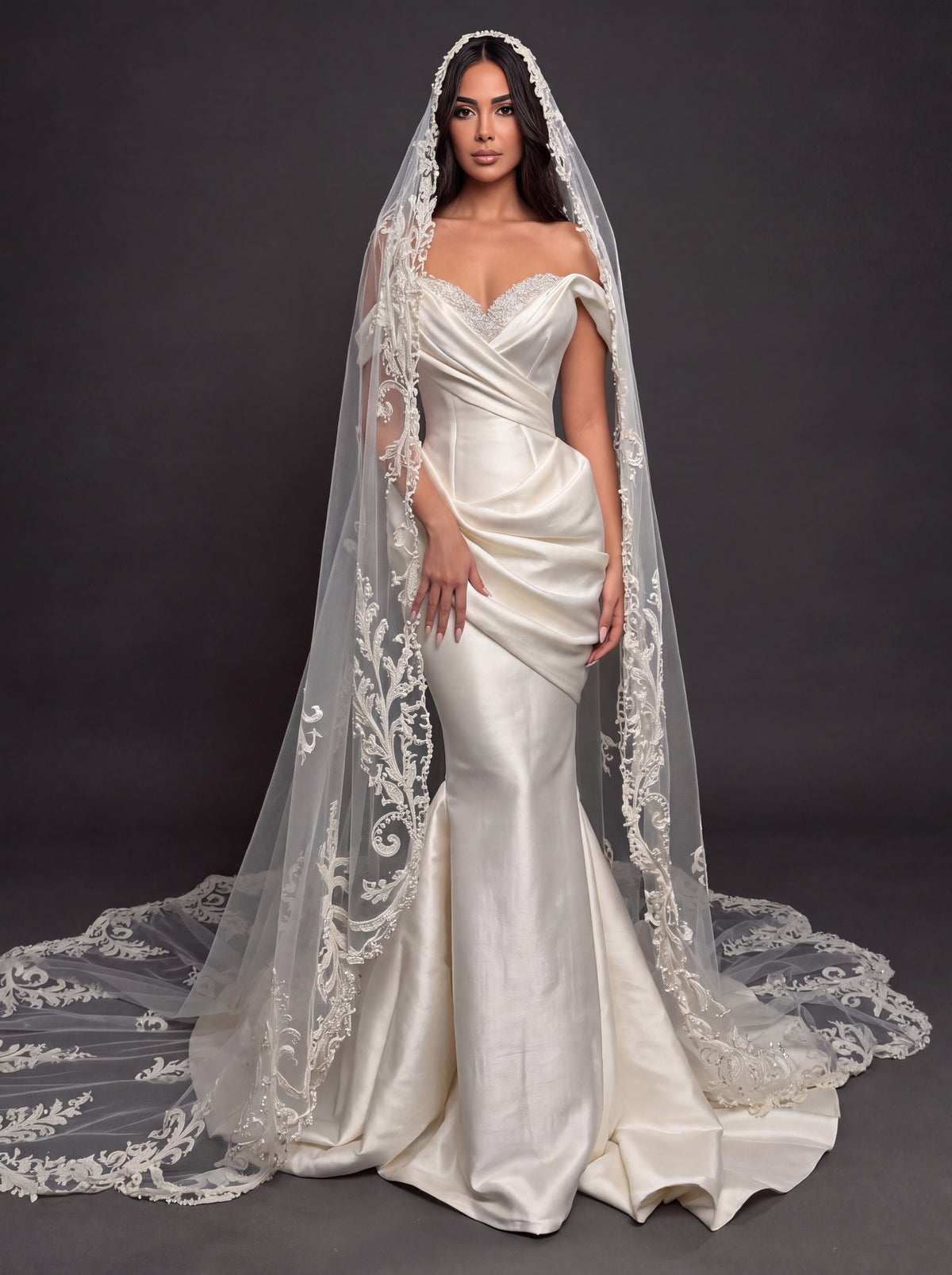Sculpted Satin Draped Mermaid Wedding Dress – Off-Shoulder Sweetheart Neckline with Pearl Embroidery & Cathedral Lace Veil