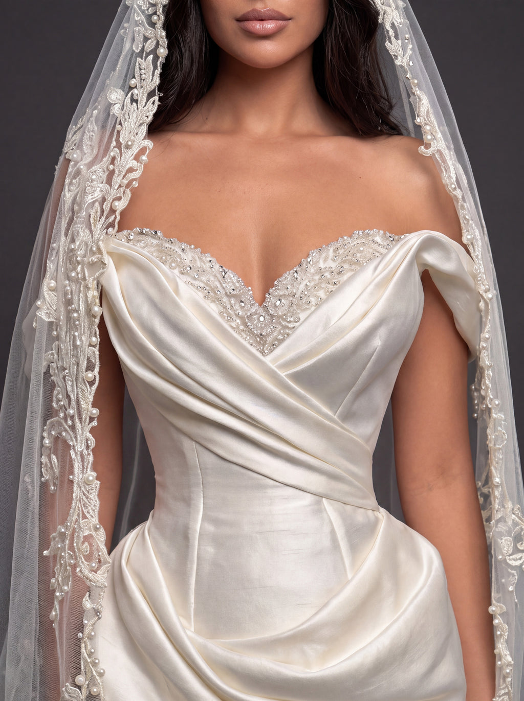Sculpted Satin Draped Mermaid Wedding Dress – Off-Shoulder Sweetheart Neckline with Pearl Embroidery & Cathedral Lace Veil