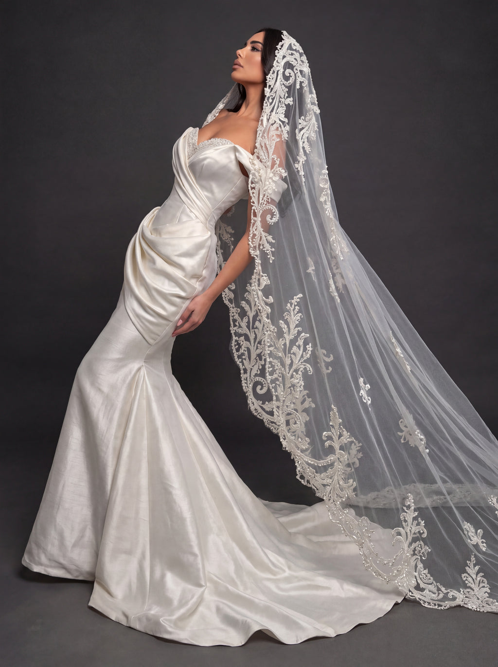 Sculpted Satin Draped Mermaid Wedding Dress – Off-Shoulder Sweetheart Neckline with Pearl Embroidery & Cathedral Lace Veil