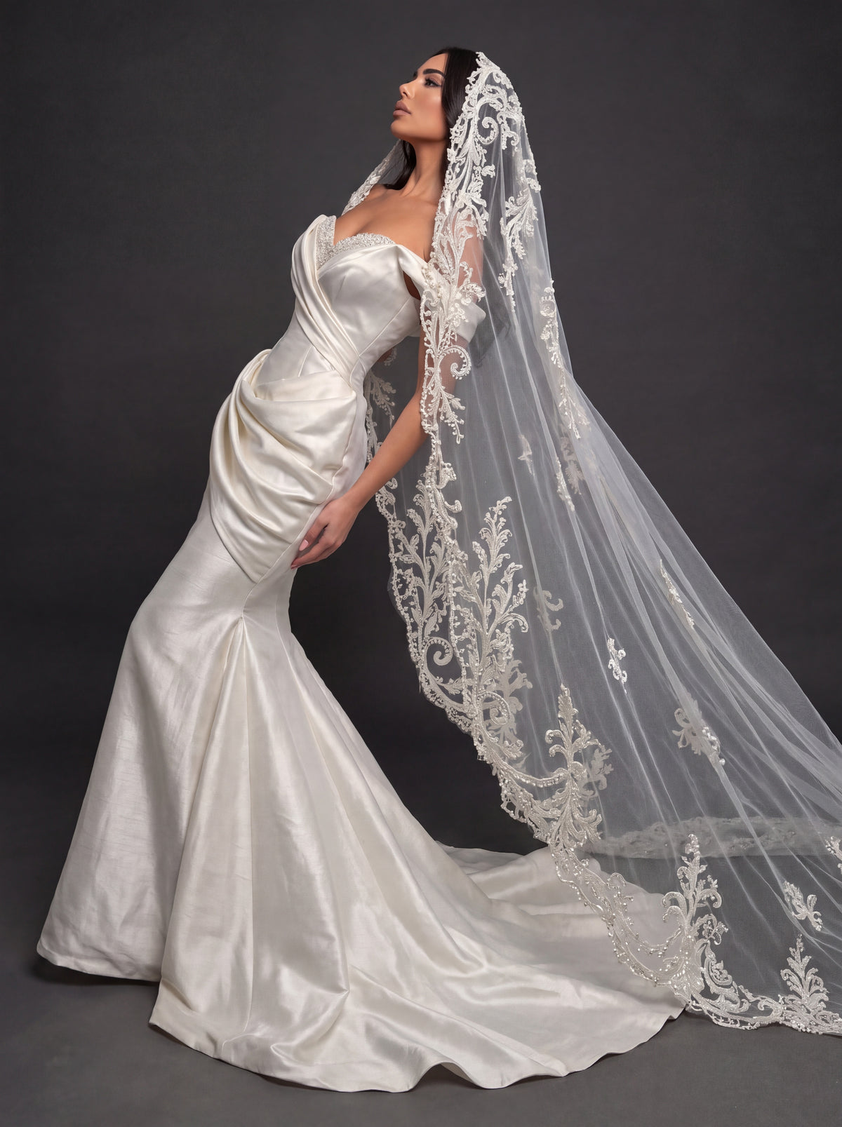 Sculpted Satin Draped Mermaid Wedding Dress – Off-Shoulder Sweetheart Neckline with Pearl Embroidery & Cathedral Lace Veil