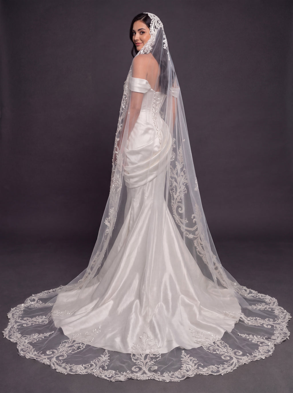 Sculpted Satin Draped Mermaid Wedding Dress – Off-Shoulder Sweetheart Neckline with Pearl Embroidery & Cathedral Lace Veil