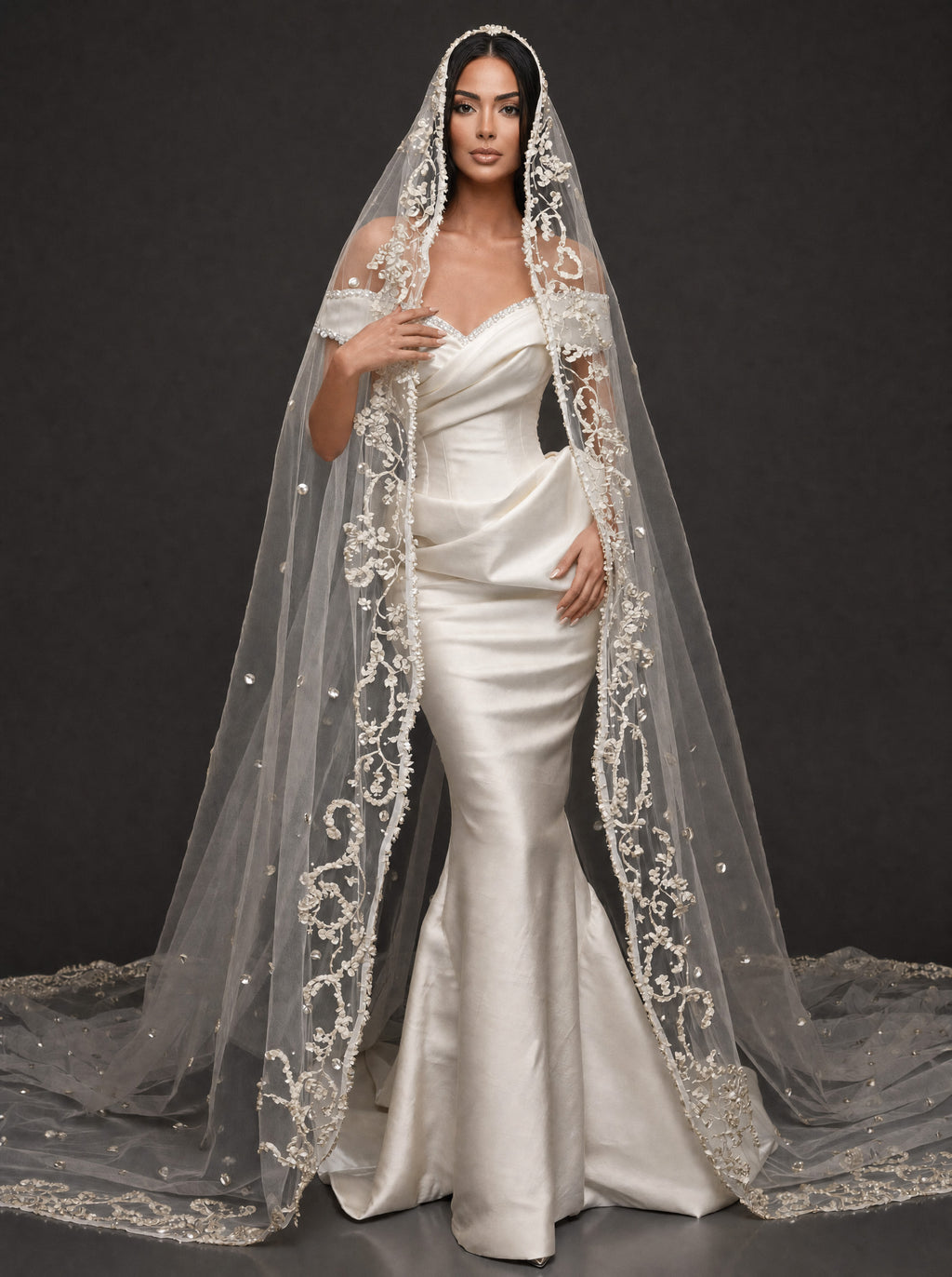 Pearl-Trimmed Satin Mermaid Wedding Dress – Off-Shoulder Draped Corset Gown with Sculpted Hip Detail & Floral Lace Cathedral Veil